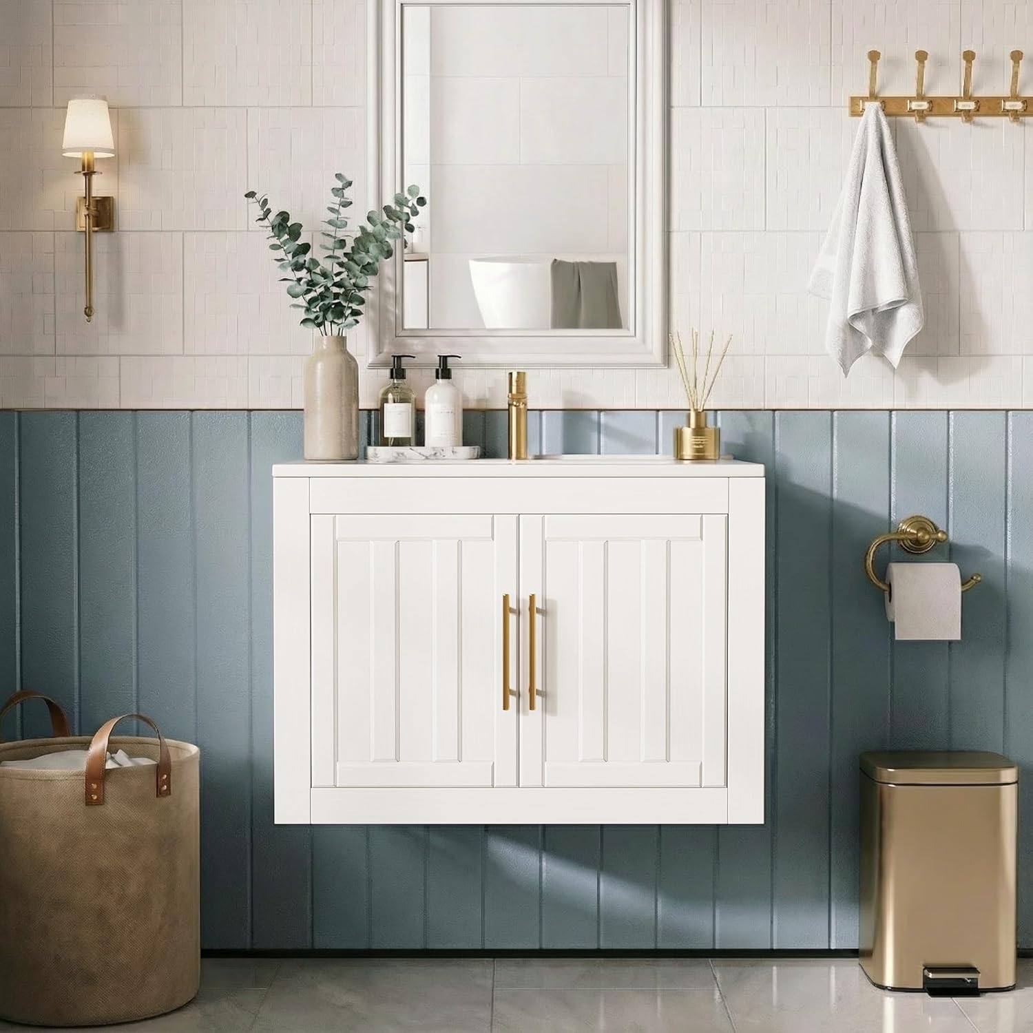 Vabches Floating Bathroom Vanity with Sink, 24 Inch Wall Mounted Bathroom Vanity with 2 Doors and Storage Shelves, Modern Wooden Cabinet with Ceramic Sink & Metal Handles for Small Space, White