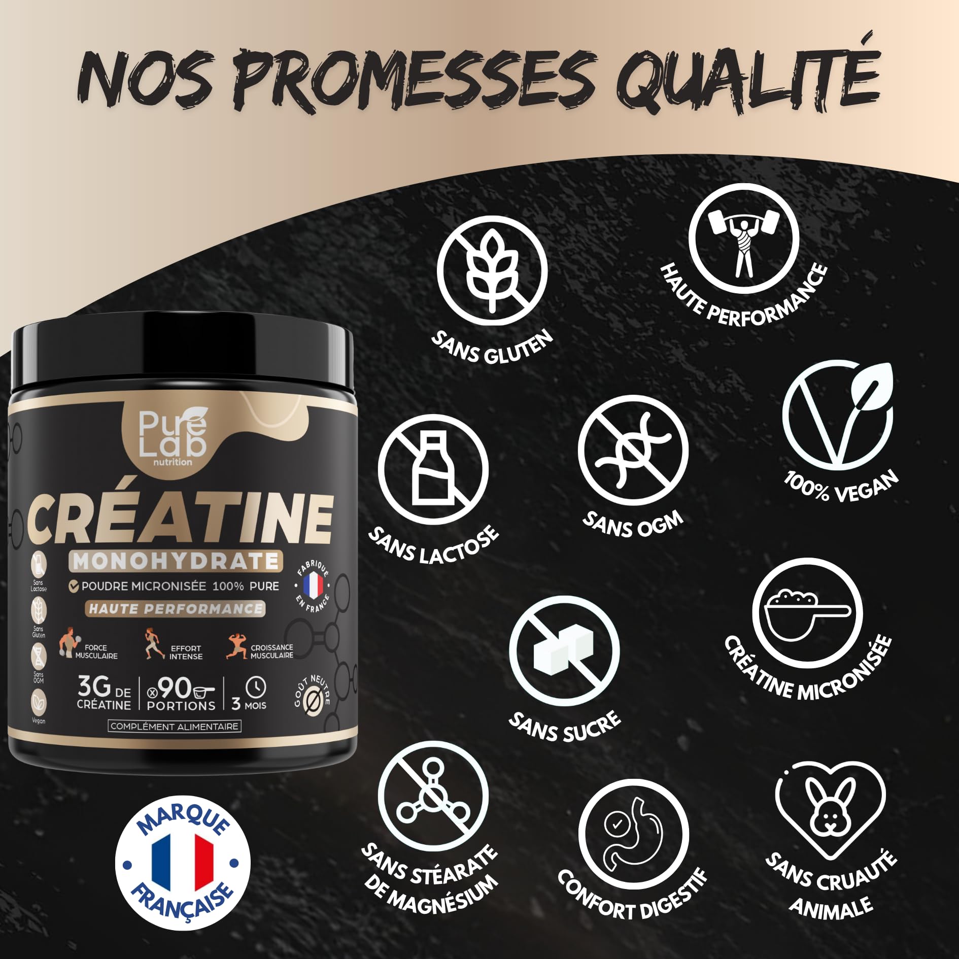 Créatine monohydrate poudre 100% pure de qualité micronisée - 90 portions - Haute Absorption - Performance, Force, Masse Musculaire et Efforts Intenses - 100% vegan