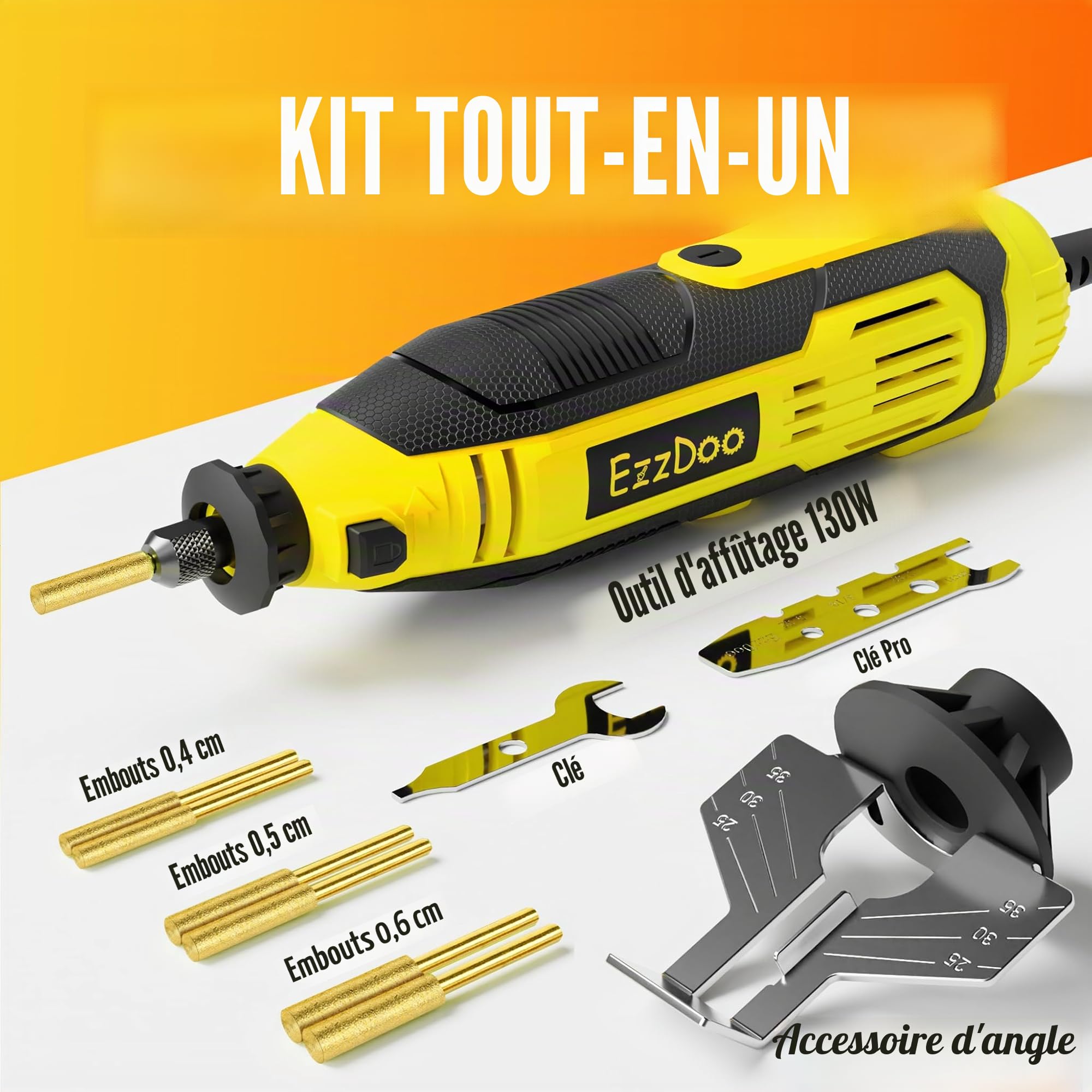 EzzDoo Kit Affûteuse Tronçonneuse Électrique avec Embouts Diamantés Revêtement Titane Outil Affûteuse Tronçonneuse Haute Vitesse et 6 Roues Affûtage Haute Dureté pour Toutes Chaînes de Tronçonneuse