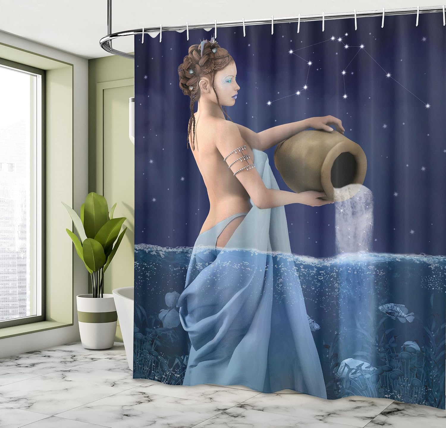 Ambesonne Astrology Shower Curtain, Aquarius Lady with Pail in The Sea Water Signs Saturn Mystry at Night Stars, Cloth Fabric Bathroom Decor Set with Hooks, 69" W x 75" L, Blue Dark Blue