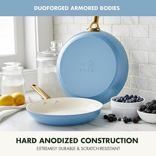 Miniatura 5 de GreenPan Juego de sartenes antiadherentes de cerámica anodizada dura de 10 y 12 pulgadas, mango dorado, sin PFAS, apto para lavavajillas, apto para