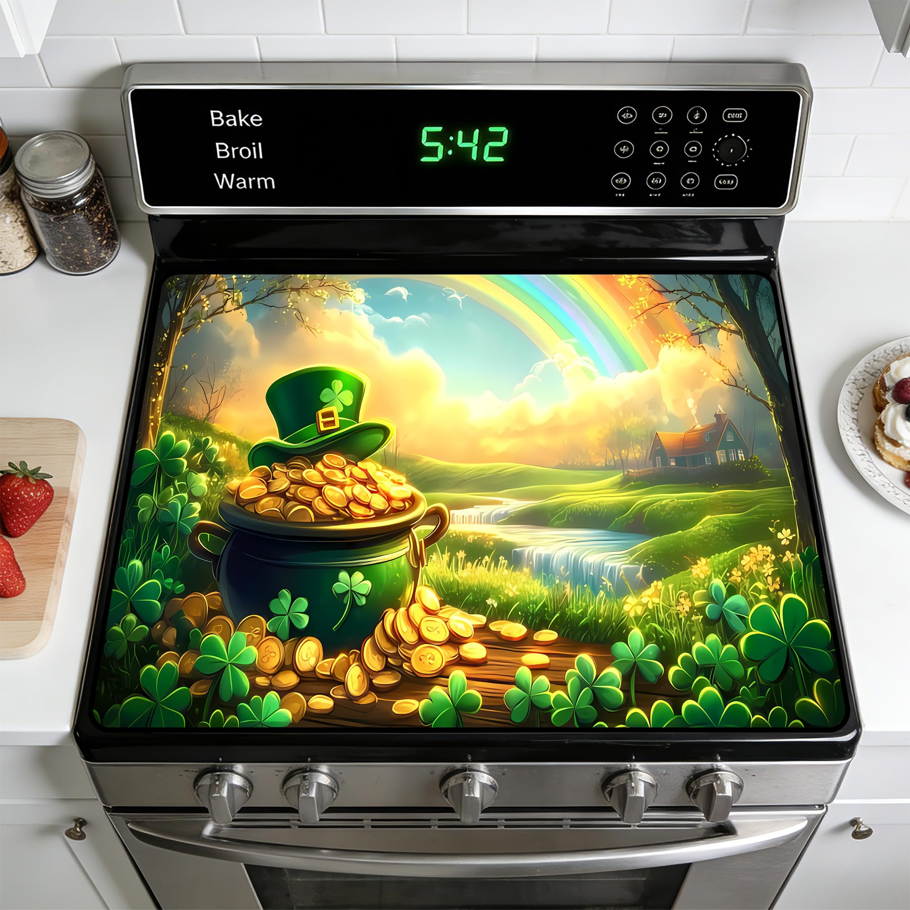 St. Patrick's Day Stove Top Cover for Electric Stove: 28''×20'' Stove Cover Elevate Your Kitchen Reliable Heat Protection,Non-Slip Kitchen Decor