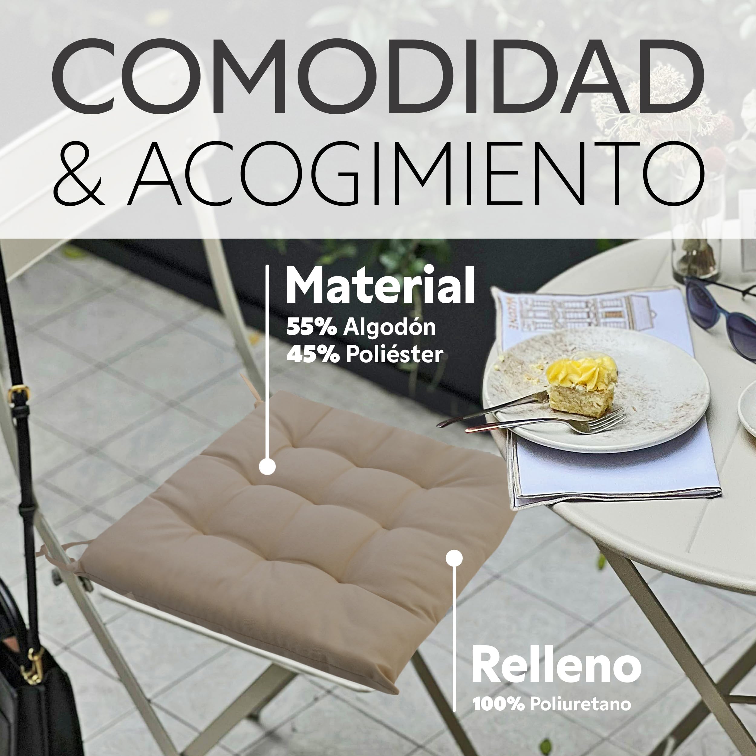 Brandsseller Juego de 4 Cojín de Asiento 40x40 cm Cojín para Silla Colchoneta para Silla con Correas de Sujeción Cojín Decorativo para Interior y Exterior Acolchado - Taupé