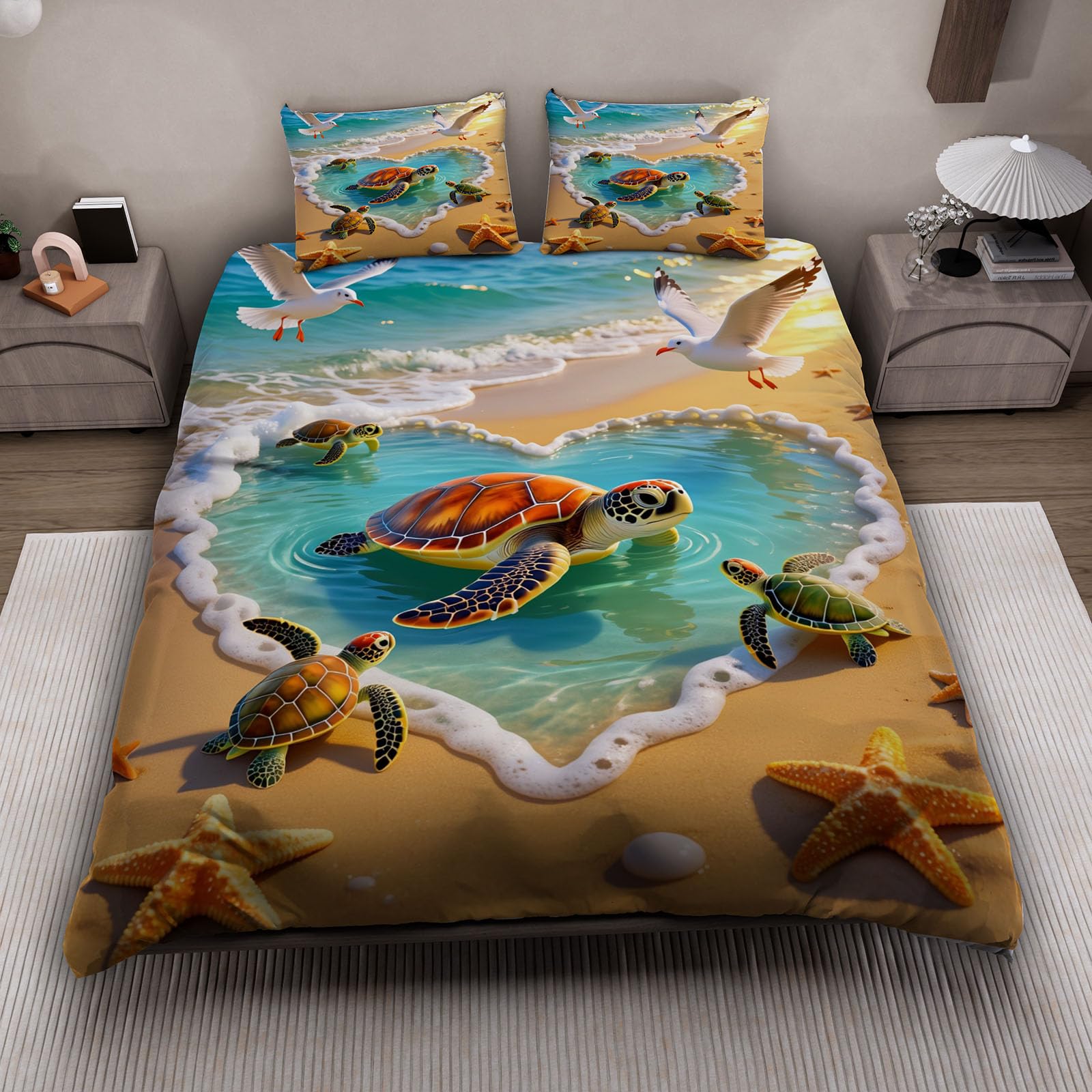 Housse de couette tortue de mer 2 personnes 3D océan plage parure de lit 240x260cm microfibre