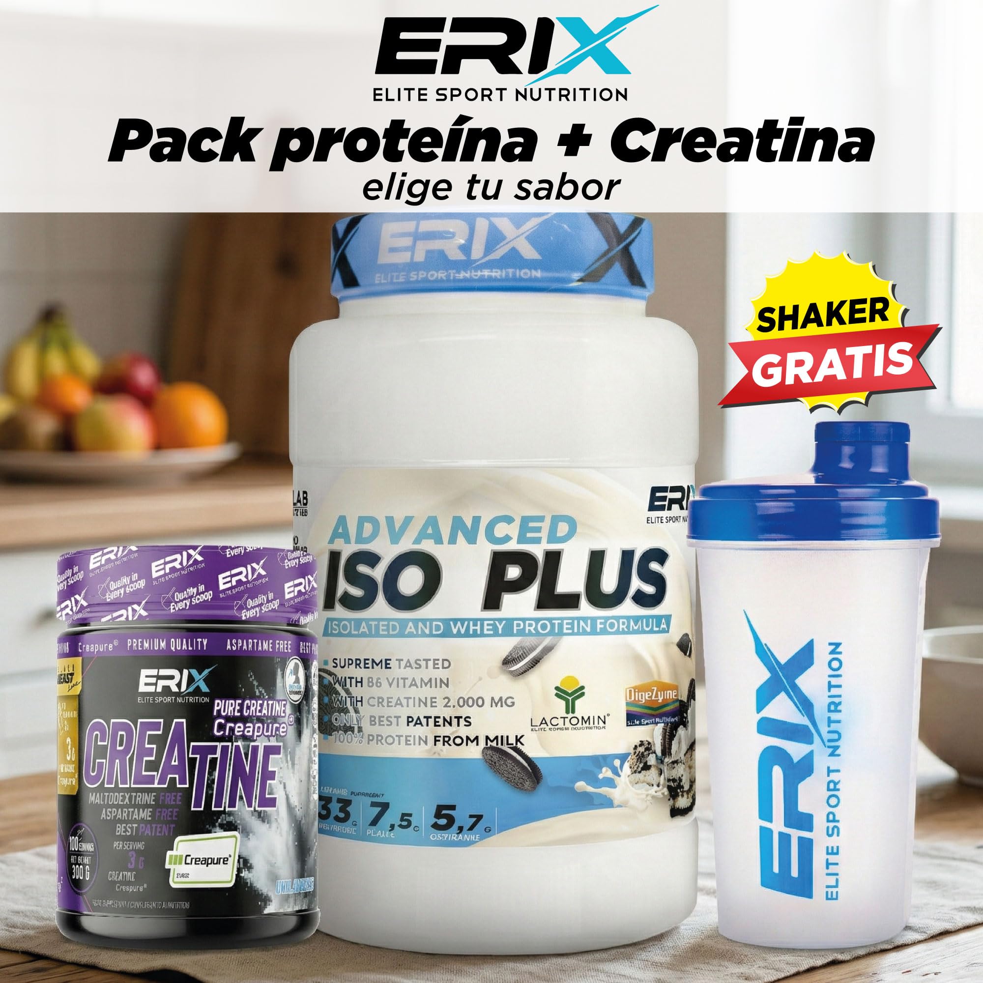 ERIX Nutrición Pack ISO Advanced Plus 2Kg Sabor Fresa+ Creatina Creapure 300g Neutra+ Shaker Blanco, Proteína Aislada con Lactomin y DigeZyme para Volumen Aumento de Masa, Recuperación Muscular