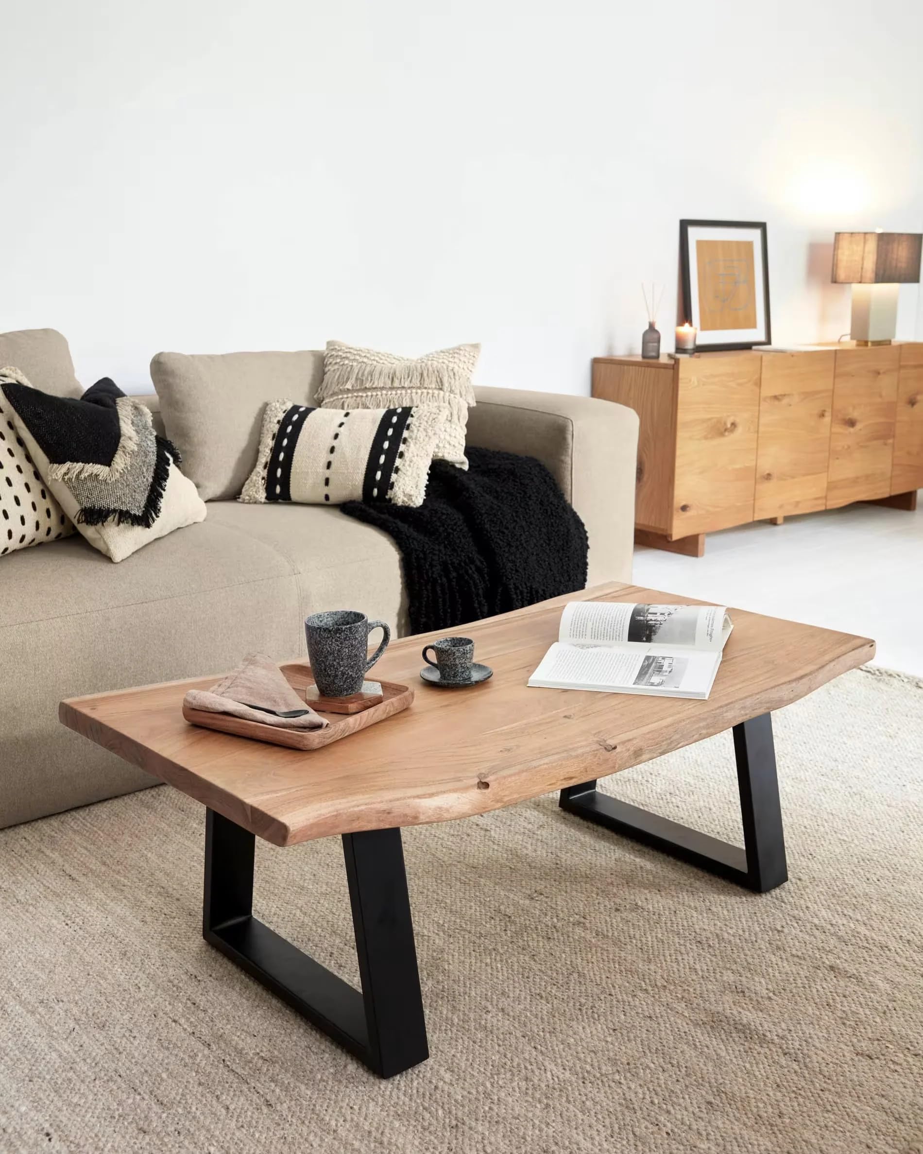 Live Edge Solid Wood Coffee Table - Rectangle Shape with Iron Legs - Pure Acacia Wood, Natural Finish - Ideal Centre Table for Living Rooms-image-49
