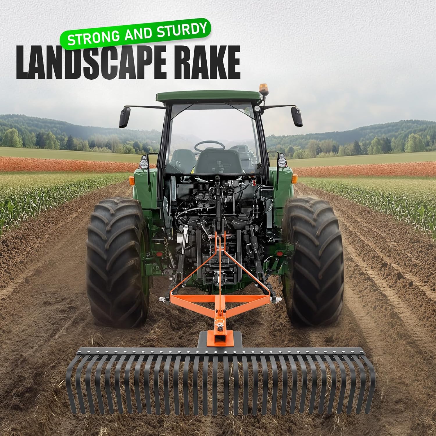 KUAFU 60 in Landscape Rake, 3 Point Rake Compatible with Category-1 Tractor, 360 Degree Rotation Tow-Behind Garden Tool for Compact Tractors for Farm, Garden, Clearing Brush, Raking Arenas 2 Package
