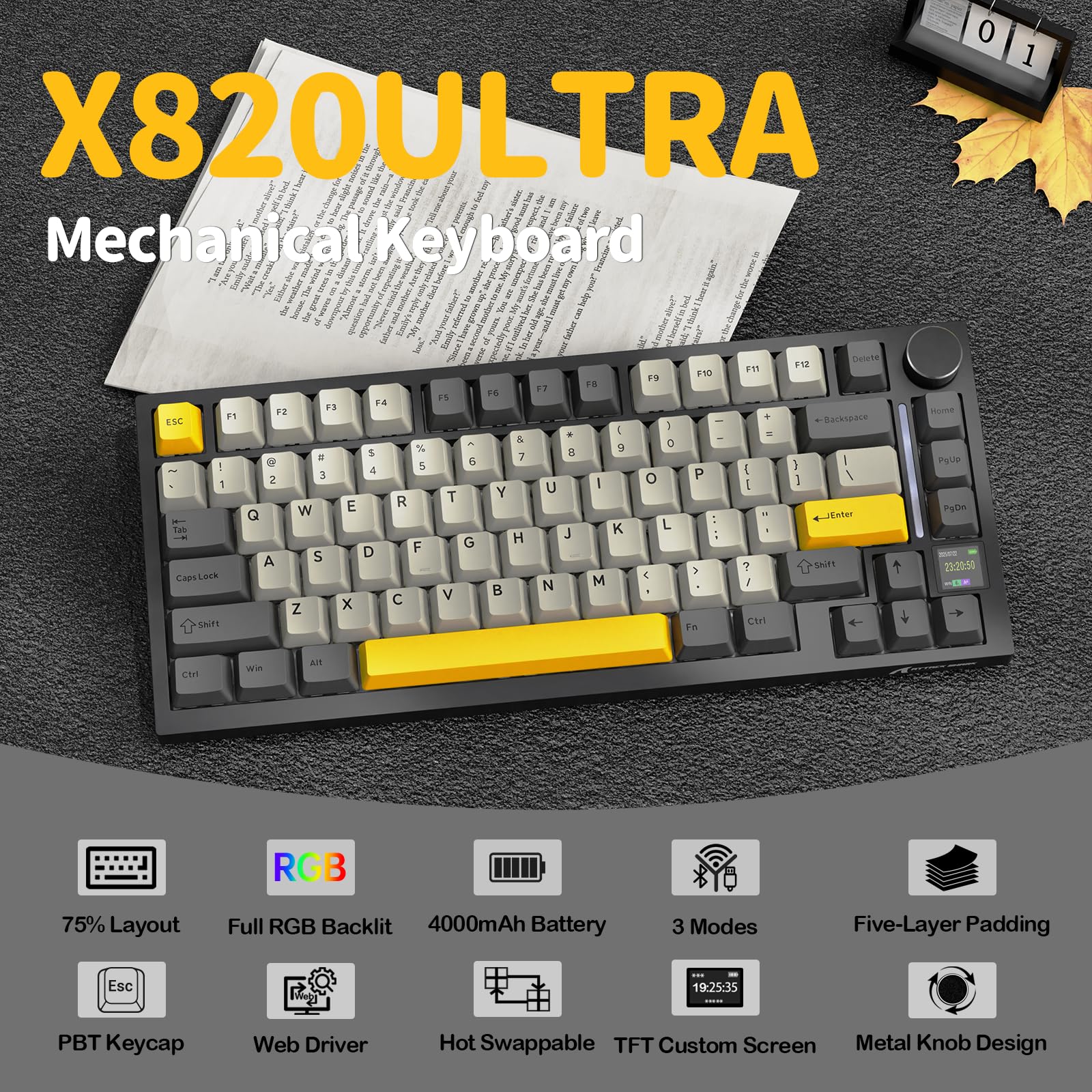 YINDIAO ATTACK SHARK X820 Ultra Gasket Mechanical Keyboard with TFT Screen & Knob, 75% ANSI Layout, 2.4Ghz/BT/Wired, 5 Sound Absorbing Foams, Hot-Swap Linear Switch, for PC,MAC (Black, Gift Switch)