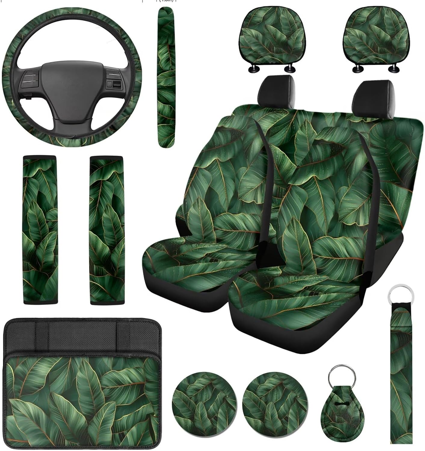 14 Pack Black Leopard Print Car Seat Covers Auto Cheetah Steering Wheel Cover Armrest Cushion Head Rest Protector Seat Belt Covers with Keychain,Universal Fit Accessories Cars SUV Truckss