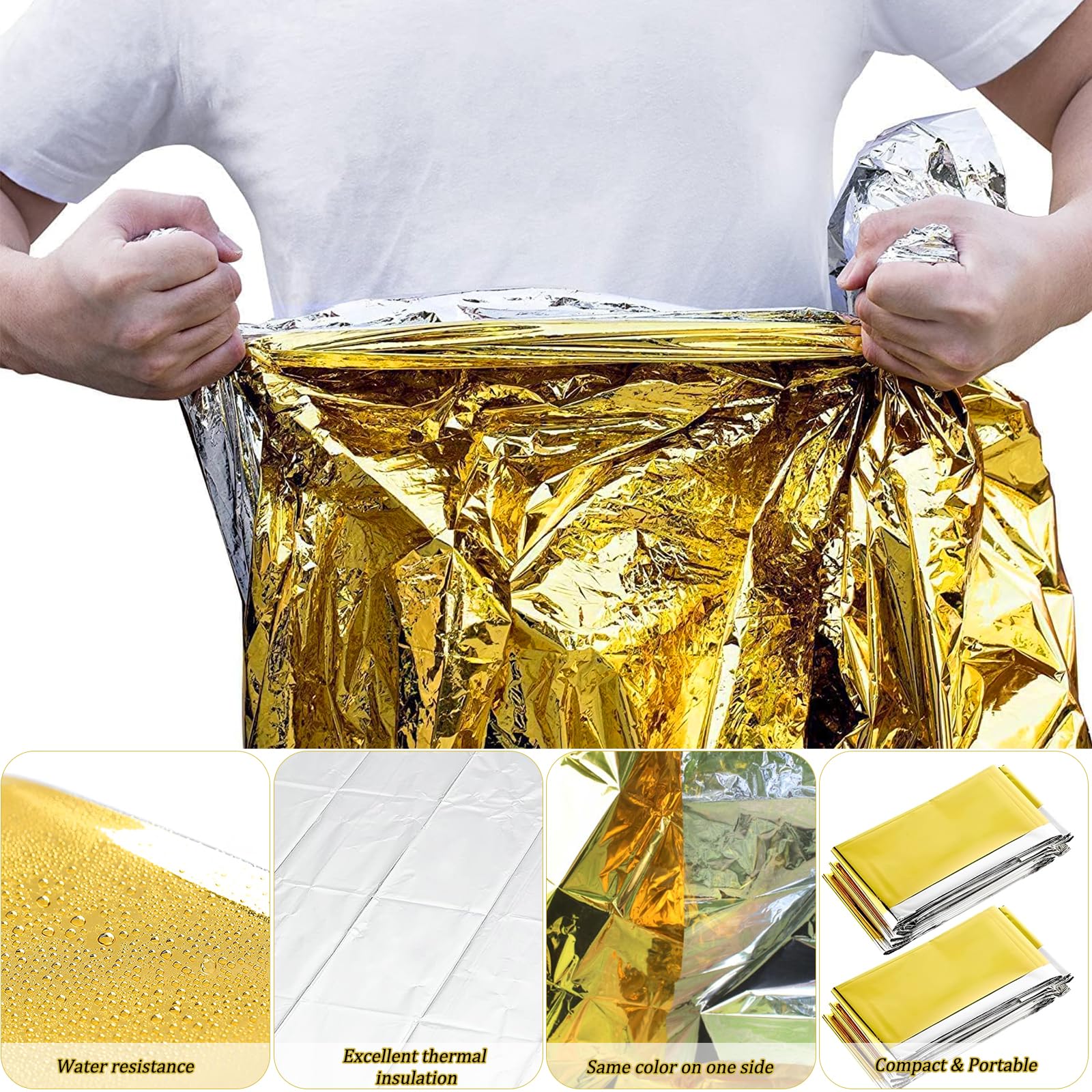 Coperte Termiche Di Emergenza Butyeak 3 Pezzi - 210x160 Cm, Oro/Argento, Per Sopravvivenza E Outdoor - Foto 5