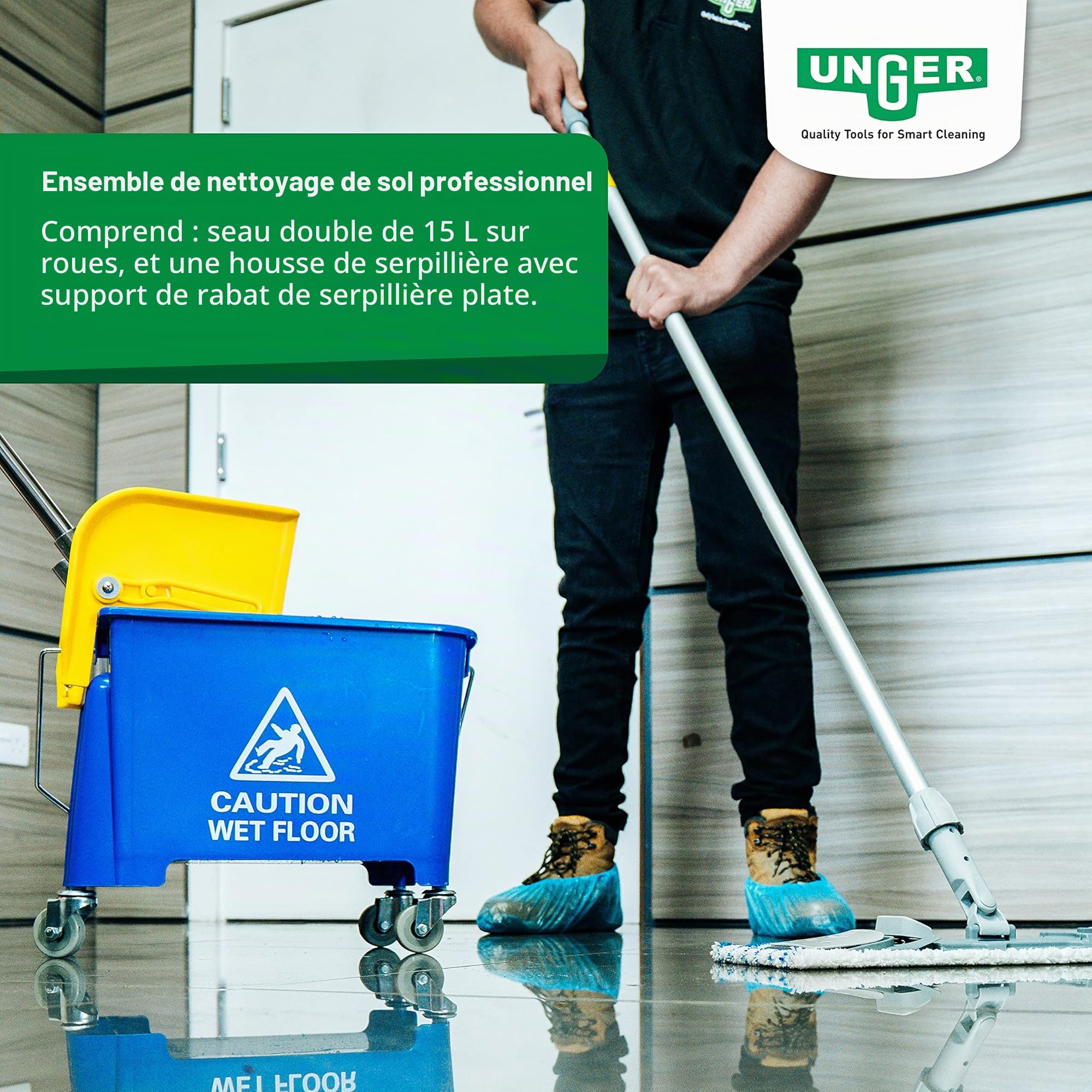 UNGER 79078 Kit de Nettoyage de Sol Professionnel (avec Seau Double 15 l, serpillère en Microfibre et Support de Rabat Plat)