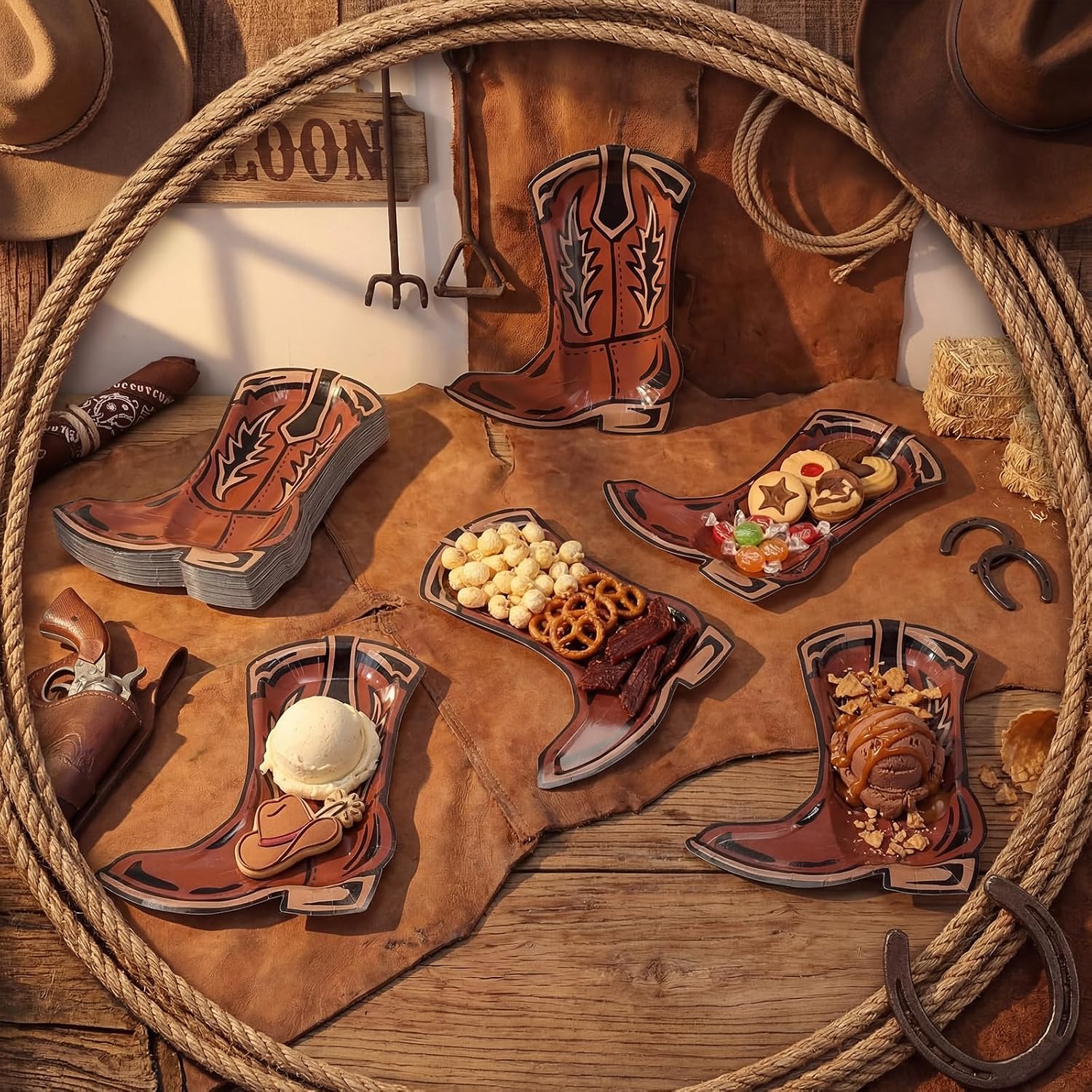 Domensi 50 Pcs Cowboy Boot Plates Bulk Party Decorations 7" Cowboy Boot Paper Dessert Plates Disposable Western Theme Cake Plate for Dinner, Wild West Party Supplies Birthday Table Decor