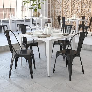 EMMA + OLIVER 4 Pack Black Metal Indoor-Outdoor Stackable Bistro Chair