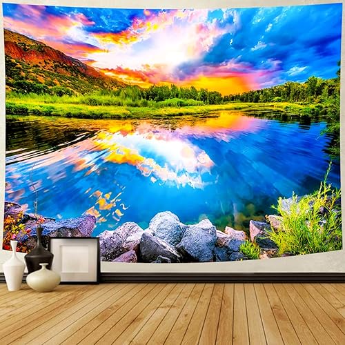 Delur Tapiz con diseño de lago y atardecer, bosque y naturaleza, tapiz para colgar en la pared, tapiz de árbol escénico de montaña, tapiz