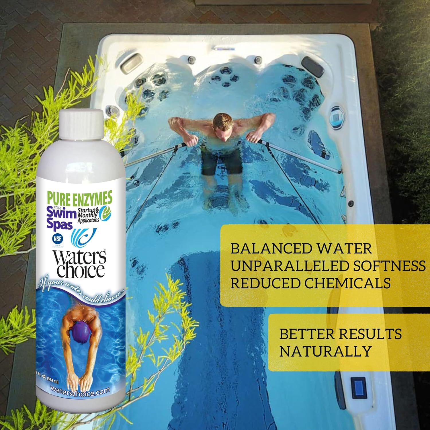 Waters Choice Water Clarifier Enzymes for Swim Spas - The First and Only Enzyme Application Designed Specifically for Swim Spas. No Shock. Minimal Sanitizer. Specialized, Safe, Effective Water Care.