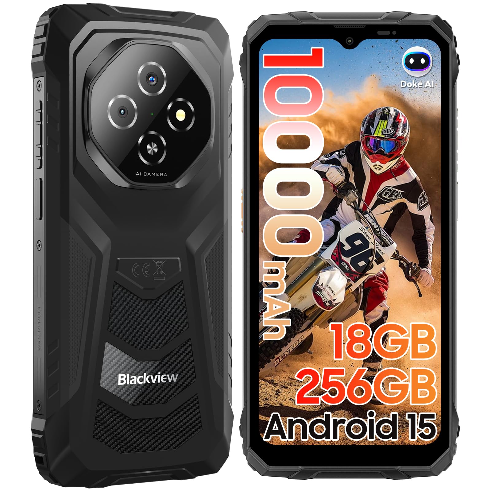 Blackview Fort 1 Rugged Smartphone Android 15, Batteria 10000mAh Telefono Indistruttibile, Gemini AI, 18(6+12) GB+256GB/2TB TF Celluare Antiurto, 6.56" HD+, 4G/NFC/OTG/Fingerprint/GPS/2 Anni Garanzia