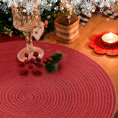 Miniatura 2 de FunWheat Juego de 6 manteles individuales redondos para mesas de comedor, lavables, antideslizantes, 15 pulgadas para Navidad (brillo rojo)