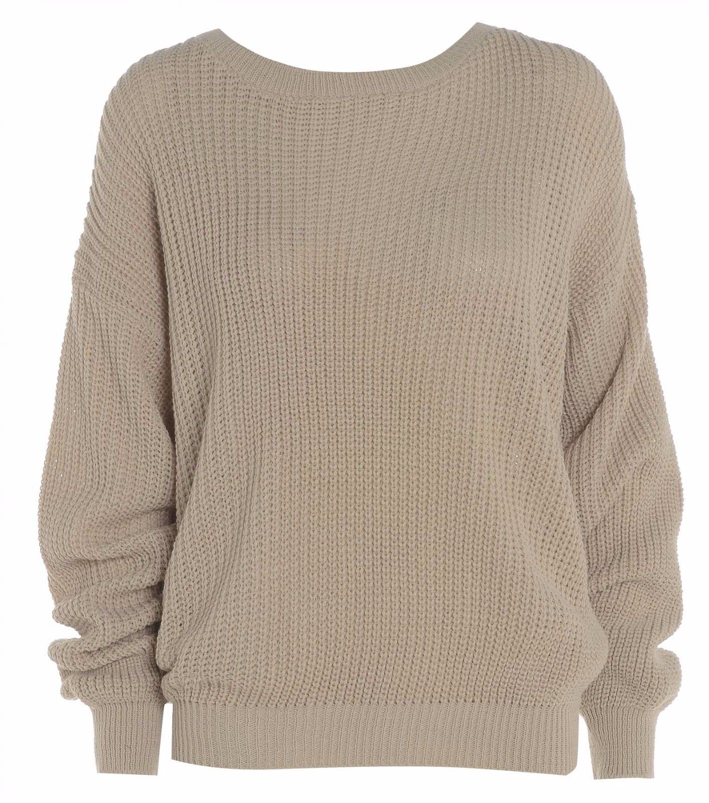 An Direct Women's Beige Oversized Fishnet Knitted Baggy Chunky Jumper Loose Sweater Top (, 12-14)