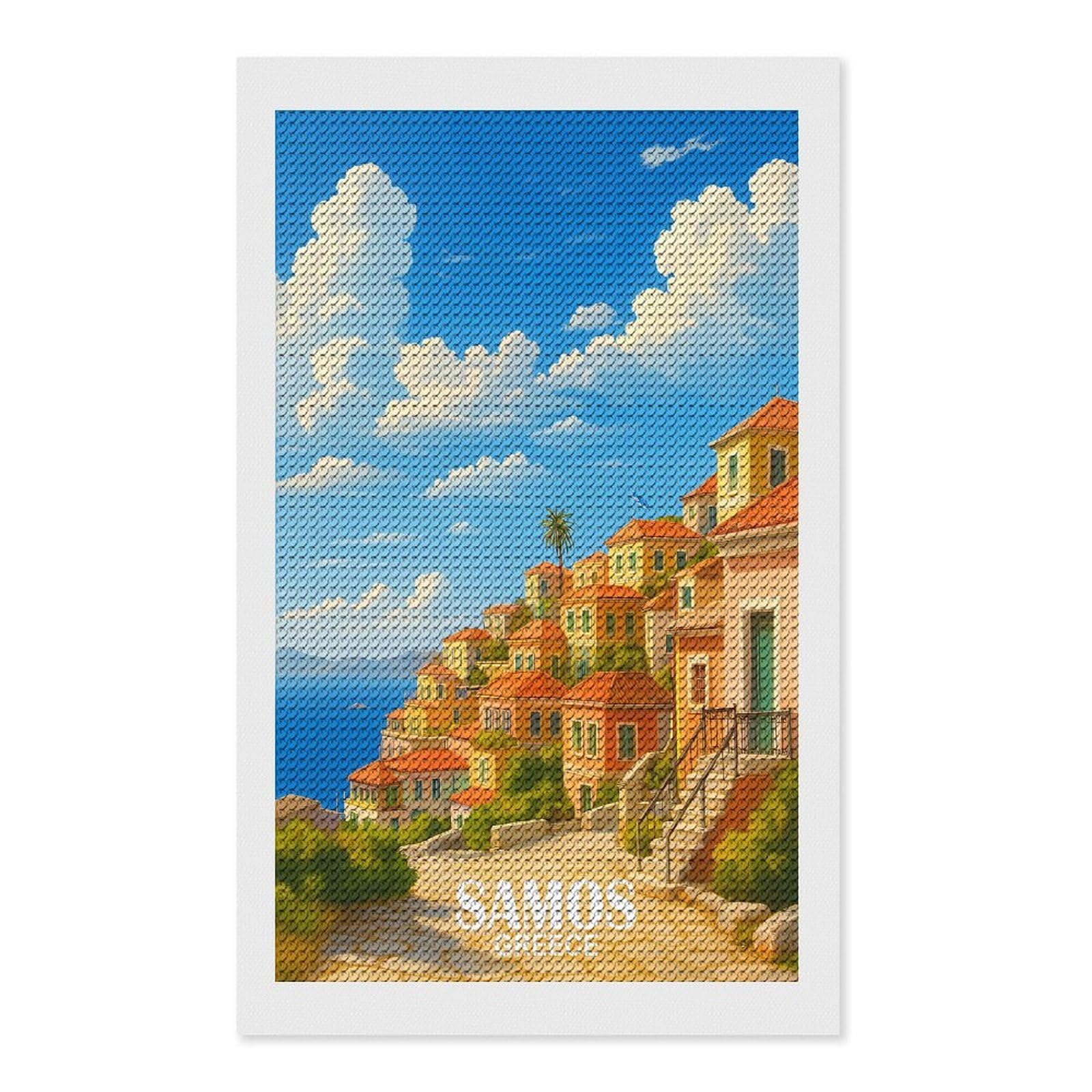 Junmoney Samos, Greece Coastal Scene Diamond Painting Kit 12"x20", Thoughtful Handmade Gift, for Creative Relaxation, Printed Canvas, Cosy Home Accent