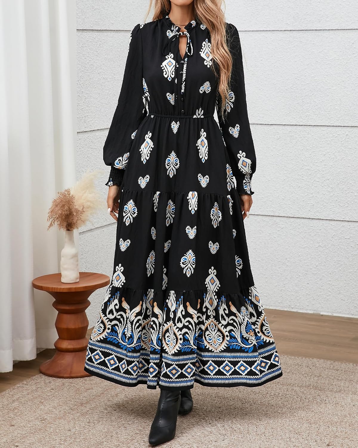 BTFBM Women's Fall Wedding Guest Dresses 2025 Casual Floral Long Sleeve V Neck Front Tie Flowy Boho Maxi Dress Pockets - Image 5