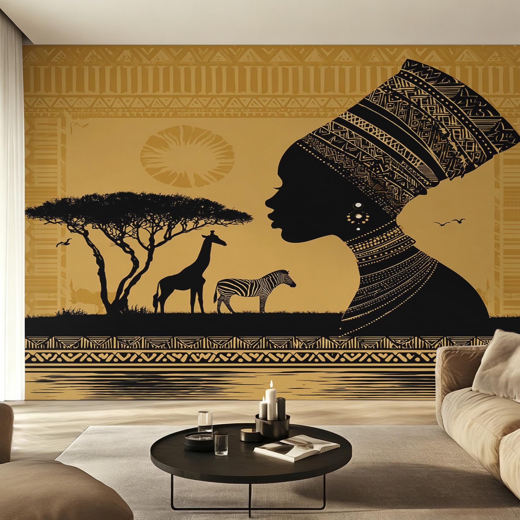 Papier Peint Femme Africaine Tribal Girafe Zèbre Fresque Murale