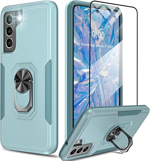 Oterkin for Samsung Galaxy S21 FE Case, with Tempered Glass Screen Protector Built-in Kickstand Ring S21 FE Case Military Grade Phone Case for Samsung S21 FE Support Magnetic Car Mount Blue