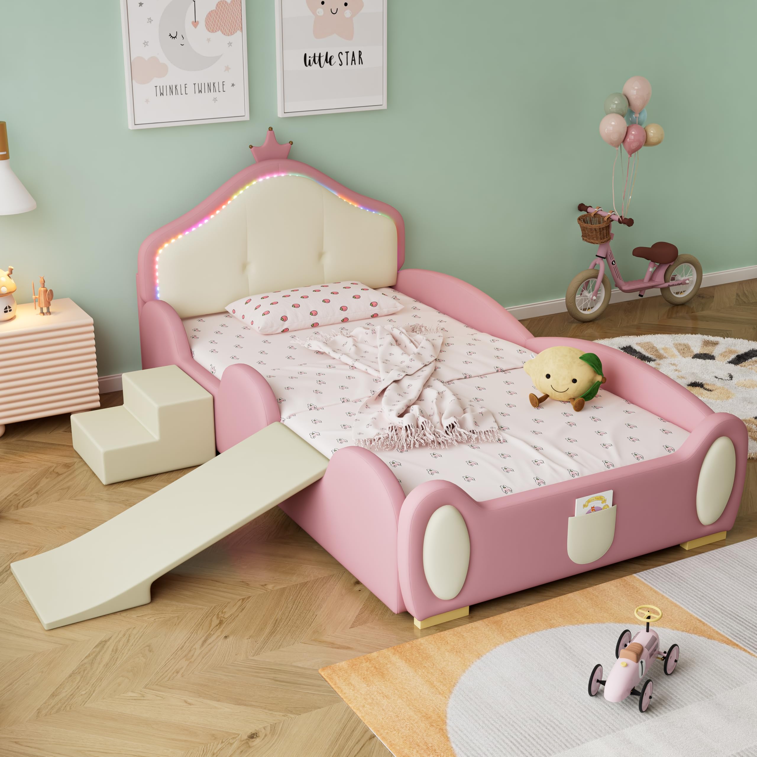 Kinderbett Polsterbett 90x200, Einzelbett Cartoon Bett mit LED Crown Kopfteil&kleiner Rutsche&Treppe, Jugendbett Mädchenbett Bettgestell mit Lattenrost&Rausfallschutz, PU, Ohne Matratze, Rosa+Beige