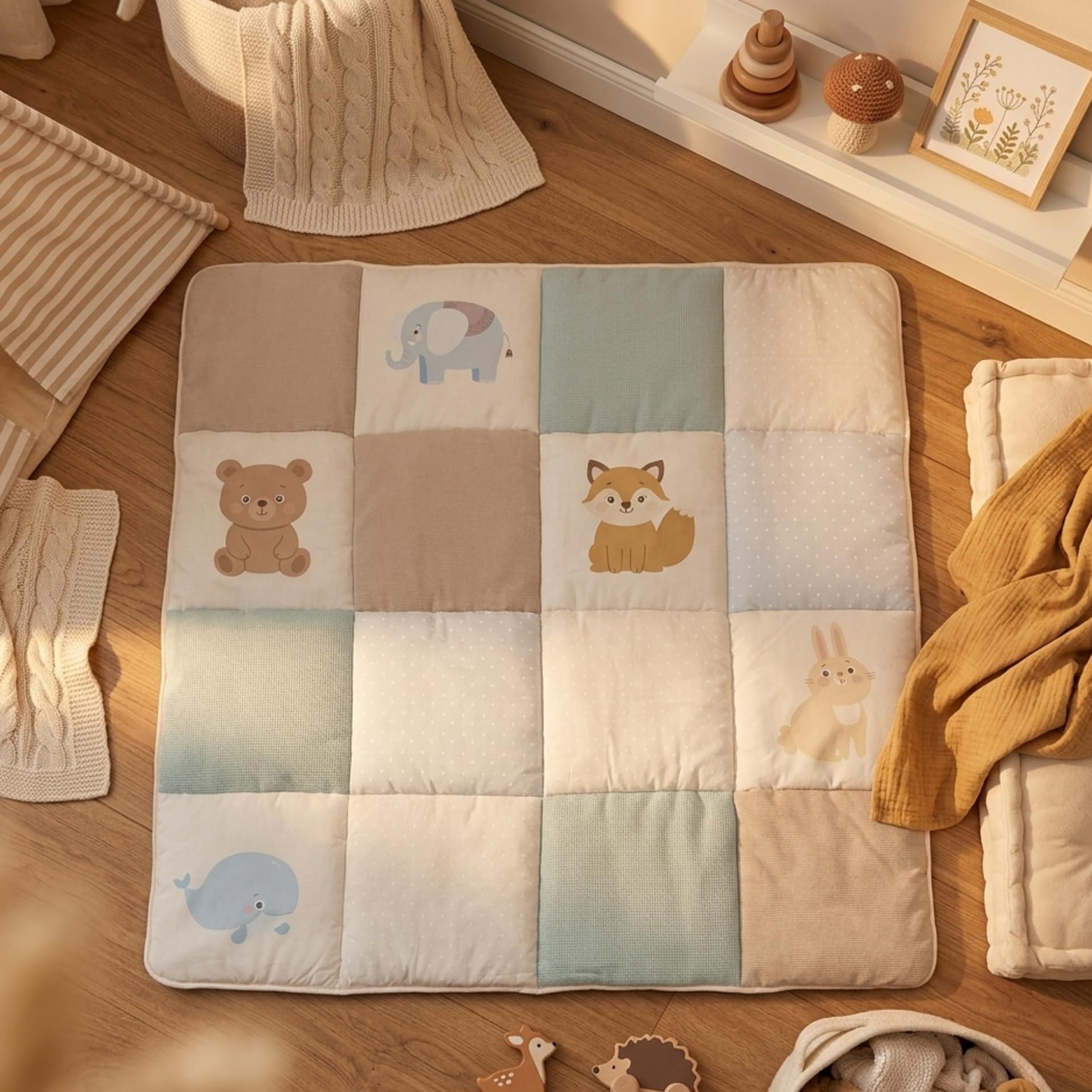 Krabbeldecke für Baby 120x120cm, 100% Baumwolle Oeko-TEX, weich gepolstert Antirutsch Krabbelmatte, Spielteppich und Spielmatte, ideal als Spieldecke und Babydecke