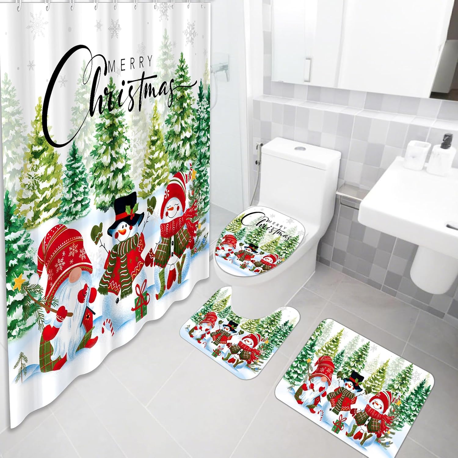 Tiamon 7 Pcs Winter Snowman Shower Curtain Set Merry Christmas Bathroom Sets with 71x72in Snowman Shower Curtain Gnome Non-slip Bath Rug Toilet Mat Toilet Lid Cover 3 Towels for Holiday Bathroom Decor