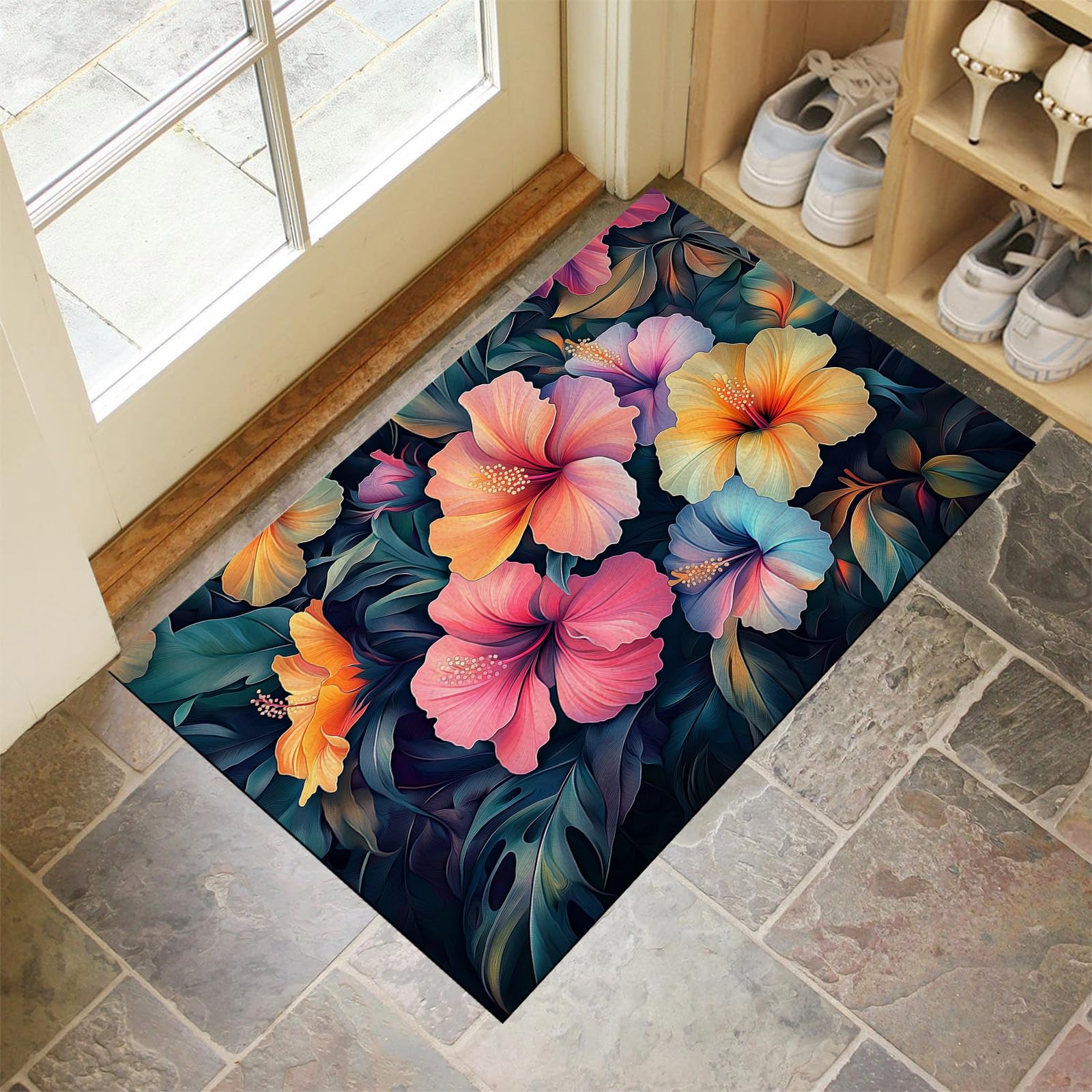 Tapis de porte extérieur 90x150cm imperméable lavable avec fleur d'hibiscus colorée