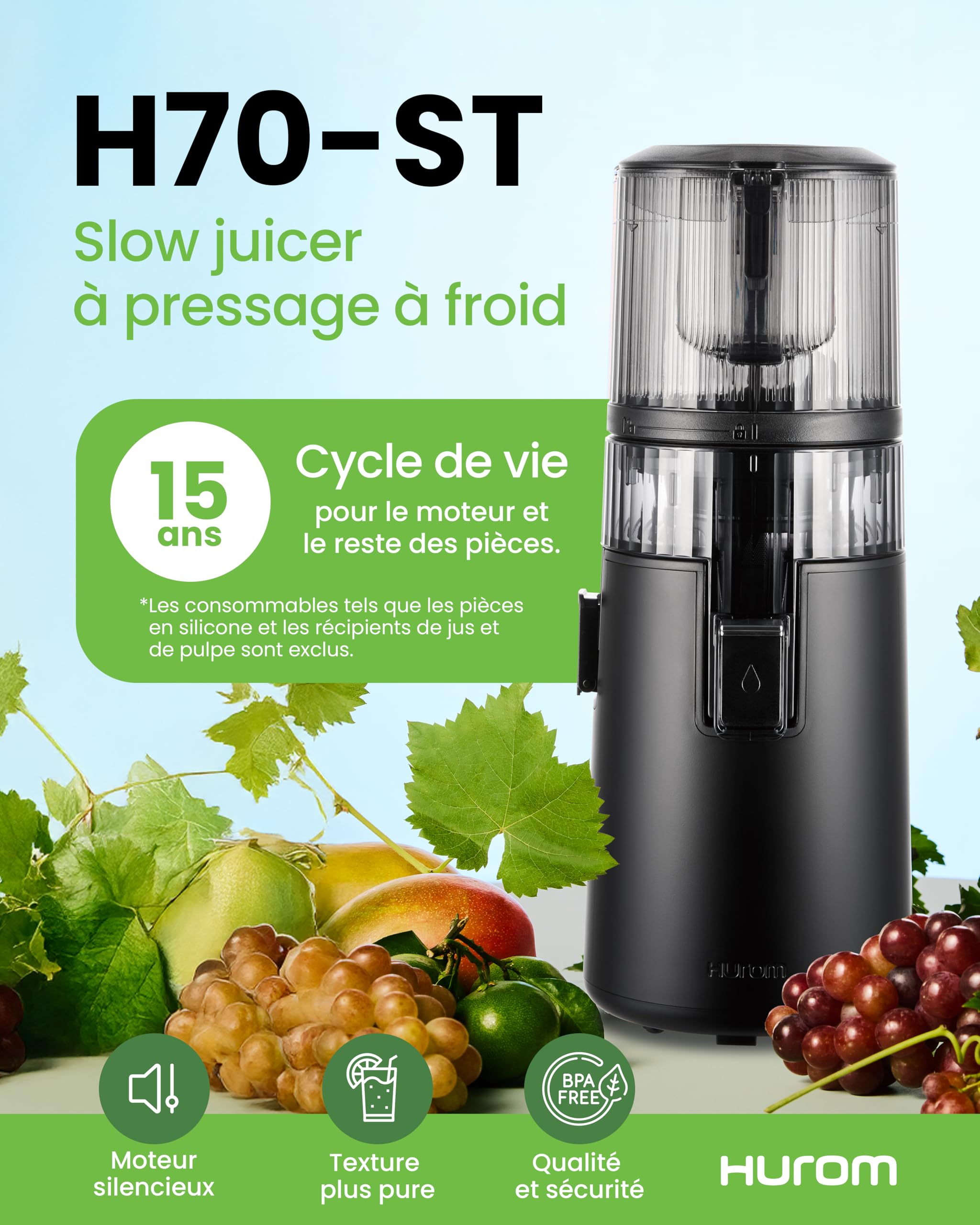 Hurom H70ST Nouveau Slow Juicer | Presse à froid électrique | Extracteur de jus pour légumes et fruits | Capacité de 1,8 L | Fonction d'extraction automatique | Sans BPA | Garantie 15ans | Noir mat