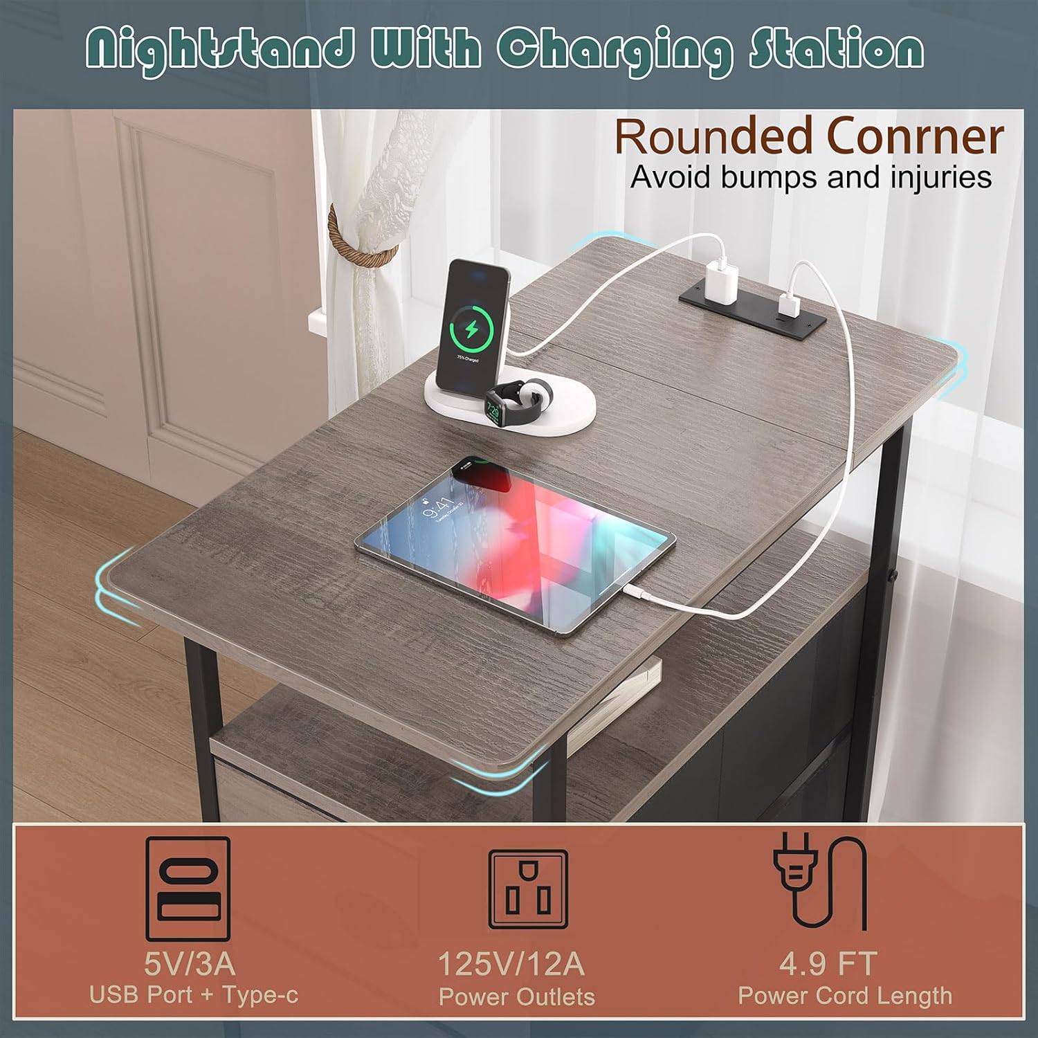 End Table with Charging Station, Narrow Side Table with 2 Drawers, Nightstands with Drawers, USB Ports & Power Oulets,Slim Sofa Side Tables for Small Spaces,Livin Room,Bedroom, Grey