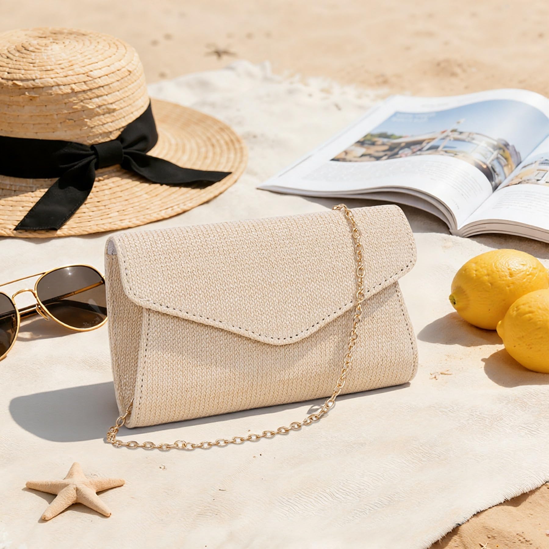 Stroh Clutch Damen, Sommer Strand Handtasche Damen Klein mit Abnehmbarer Kette, Elegante Umschlag Abendtasche, Boho Geflochtene Umhängetasche Beige für Hochzeit Cocktail Party