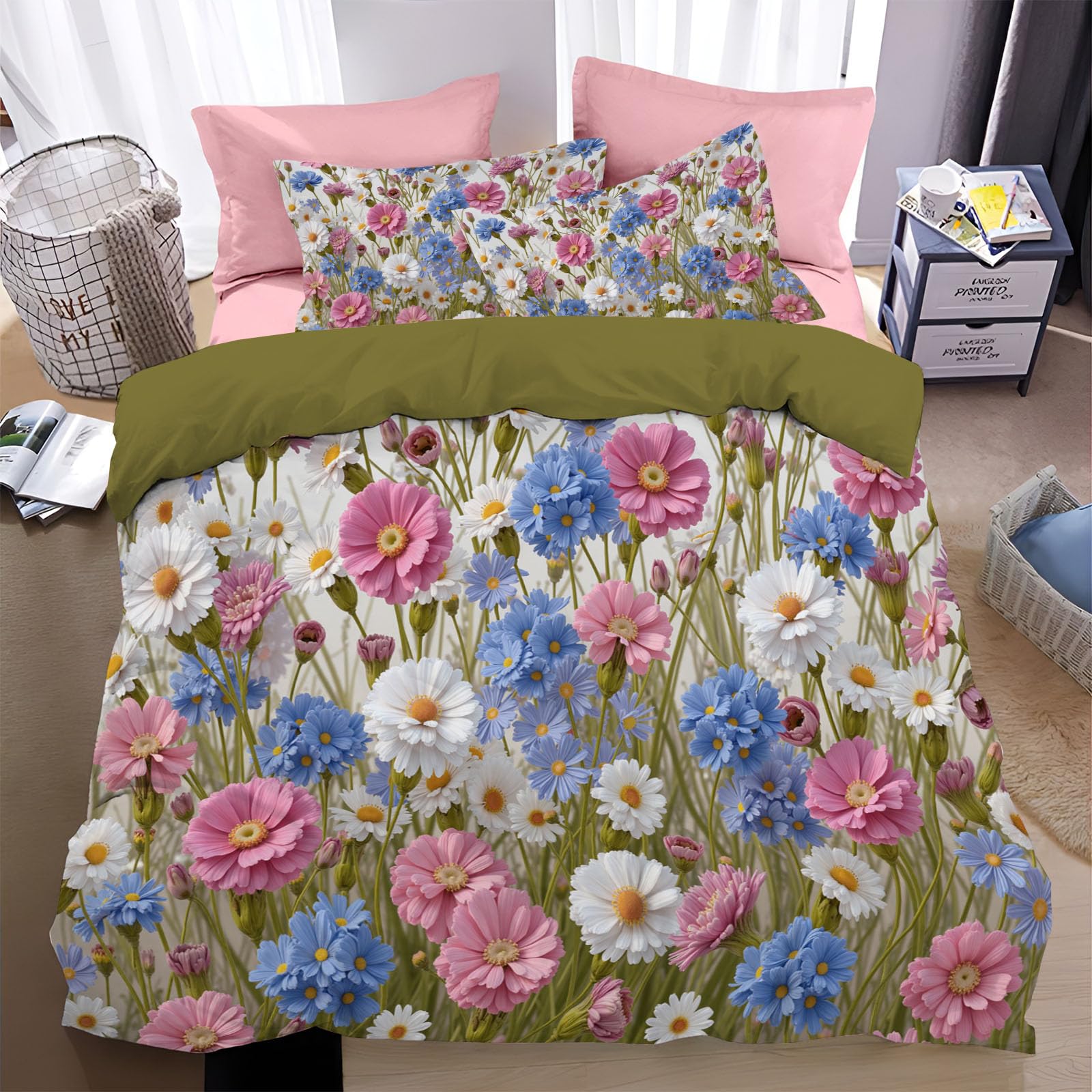 Housse de couette 220x240cm rose aux éclats de fleurs sauvages avec 2 taies d'oreiller