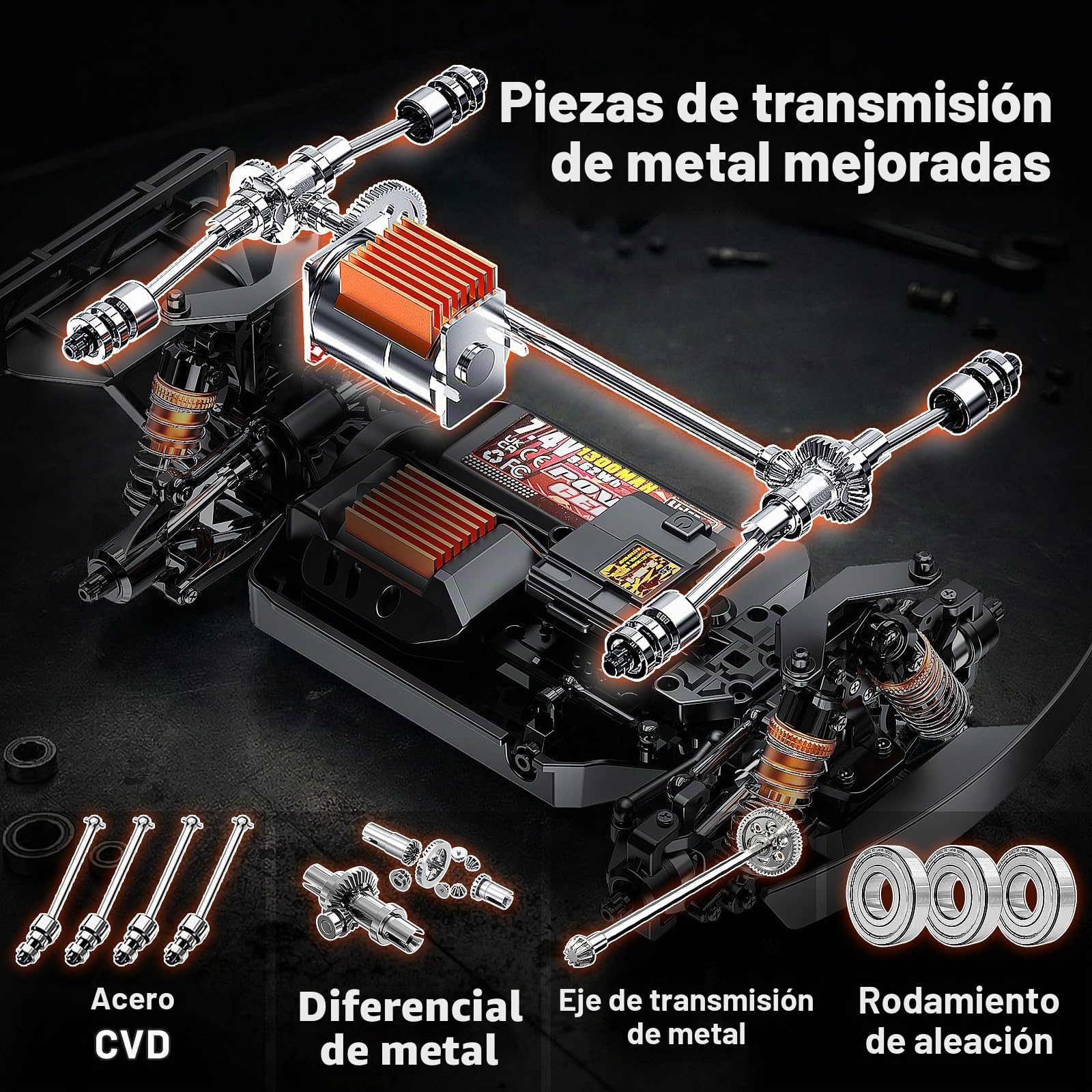 Coche teledirigido 1:16, Coche radiocontrol 4wd para Drift y Tierra 36 km/h, Coche RC 2,4GHz RTR, 2×7,4V 1300mAh baterías, 2 Juegos neumáticos, transmisión metálica, 8+ y Adultos Principiantes