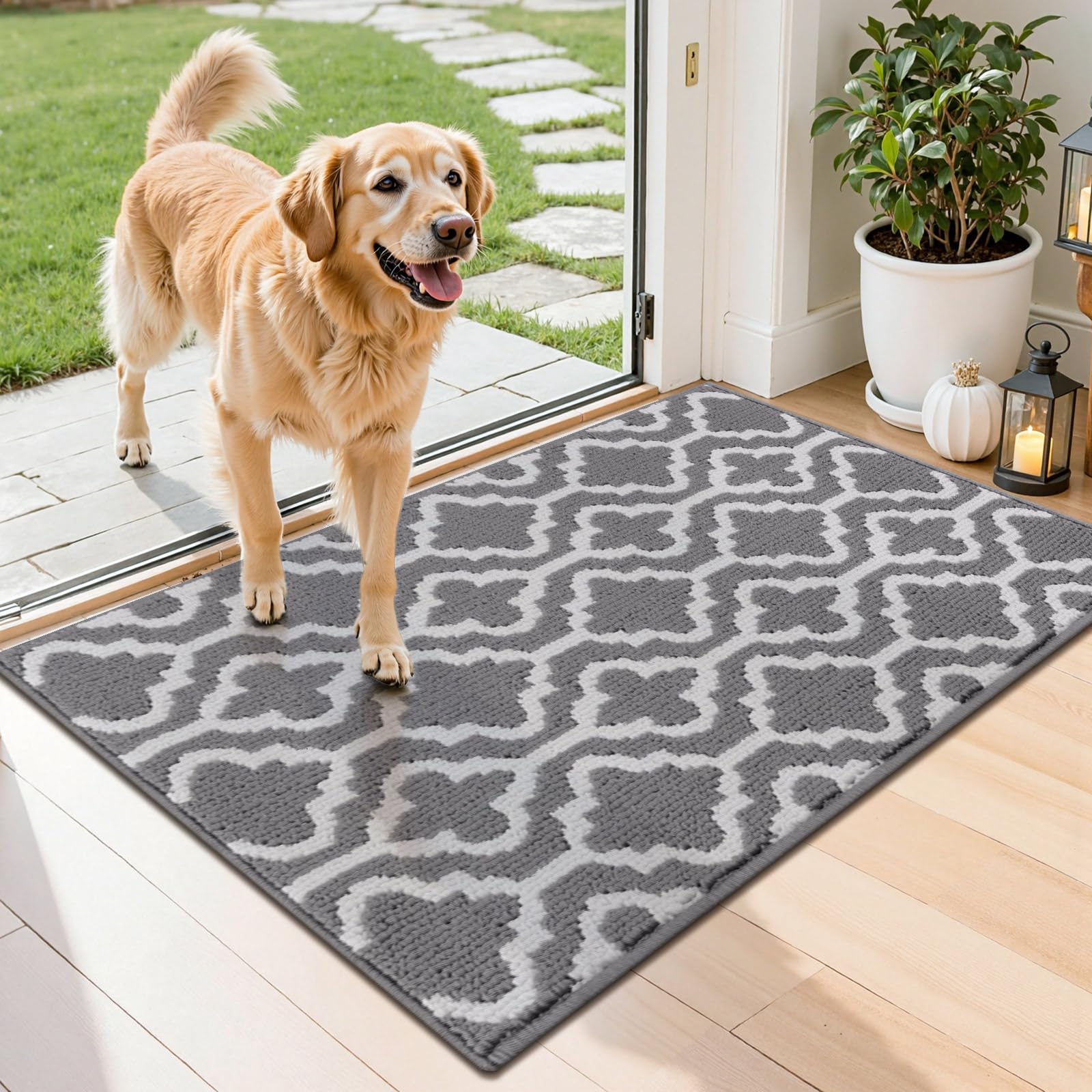 SHACOS Door Mats Indoor Washable Door Mat Inside Dirt Trapper Doormats Inside Absorbent Non-Slip Doormat for Entrance, Kitchen, 60 x 90 cm, Grey