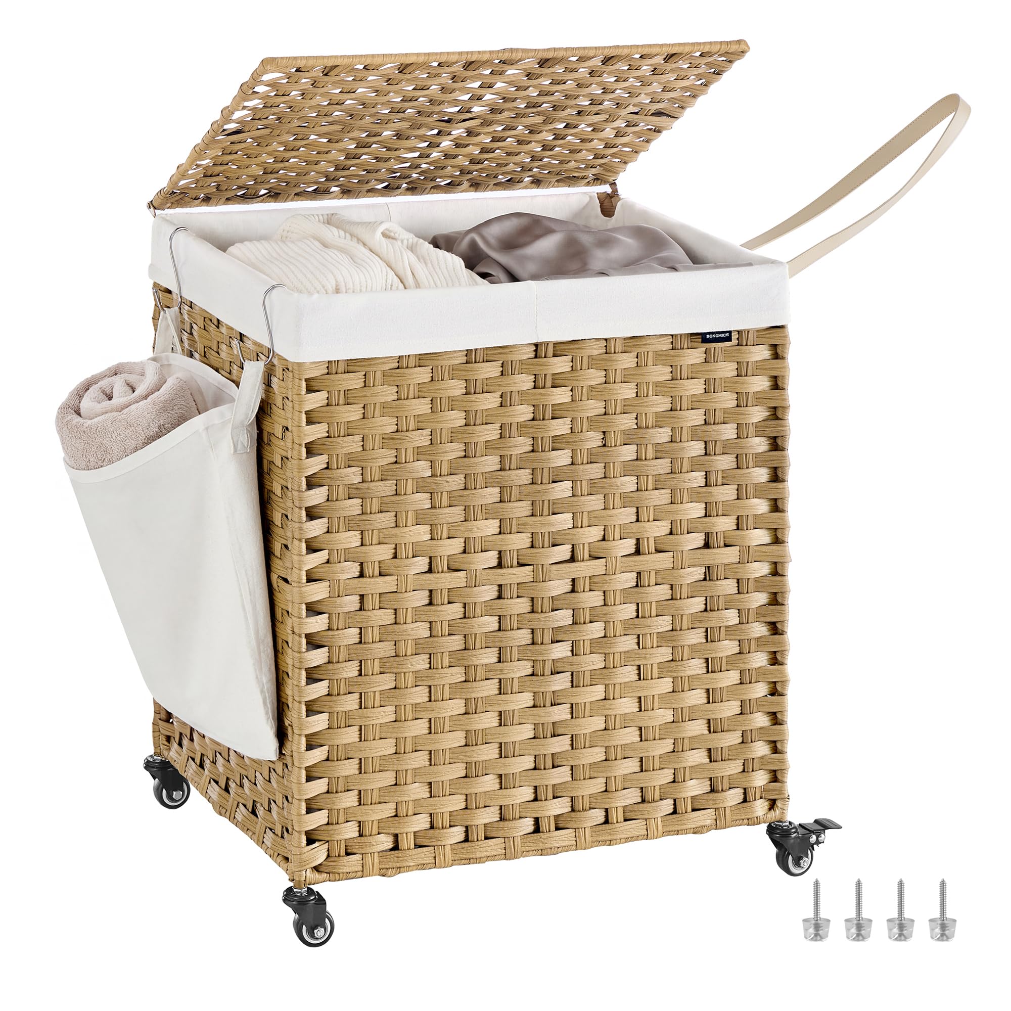 SONGMICS Laundry Basket with Lid, 145 L, Rolling Laundry Hamper with Wheels, 2-Compartment Synthetic Rattan, Removable Liner, for Laundry Room, Bedroom, 56 x 40 x 66 cm, Natural LCB262Y01