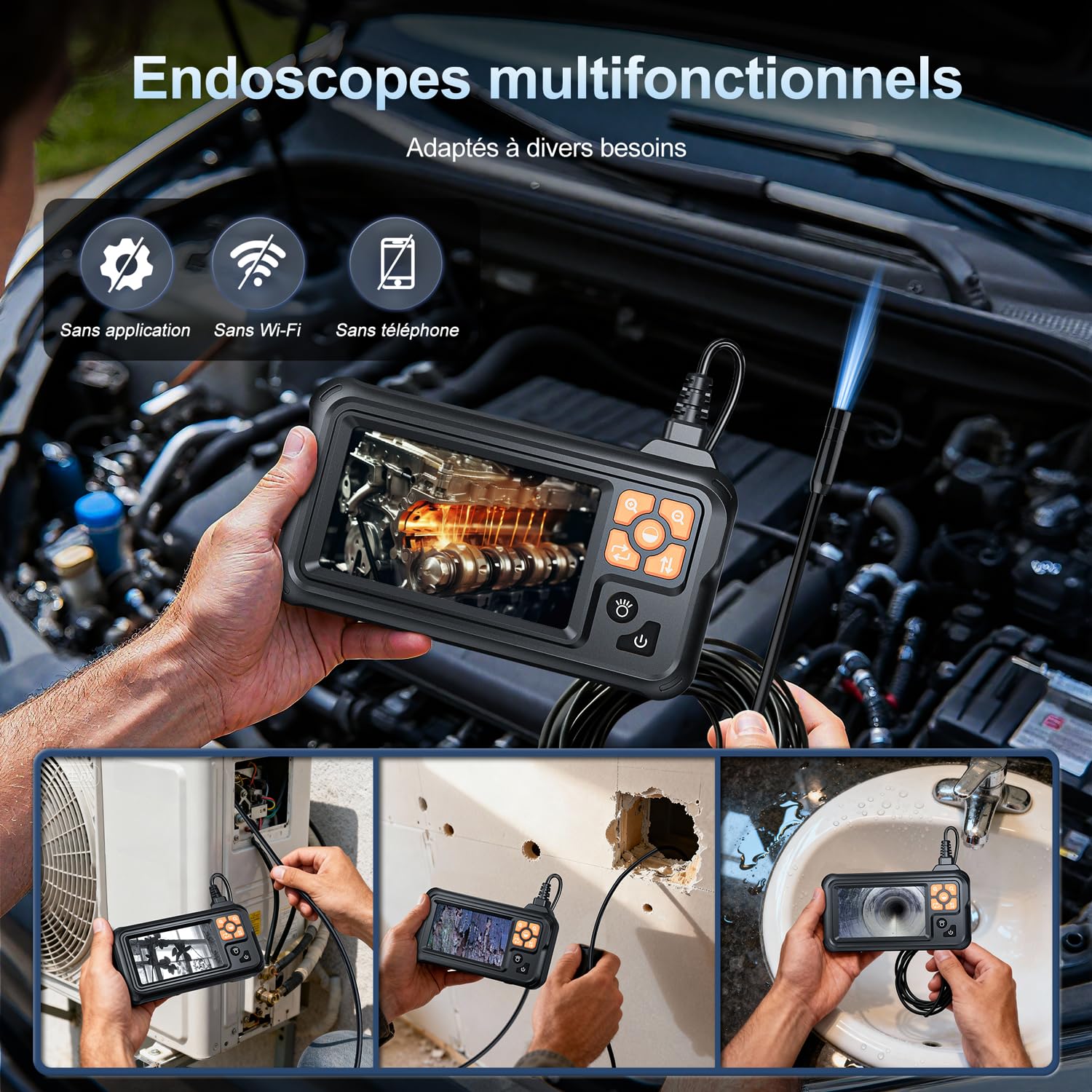 SKYBASIC Endoscope Industrielle, Caméra de Inspection HD 1080P avec Écran IPS 4,3 Pouces, Caméra Endoscopie IP67 Étanche avec 8 LED, Caméra Serpent pour Automobile, Mur, Canalisation-20M