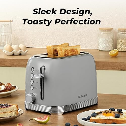Miniatura 3 de Tostadora de 2 rebanadas de acero inoxidable retro con ranuras extra anchas de 1.5 pulgadas, descongelar, recalentar, cancelar, 6 ajustes de sombra