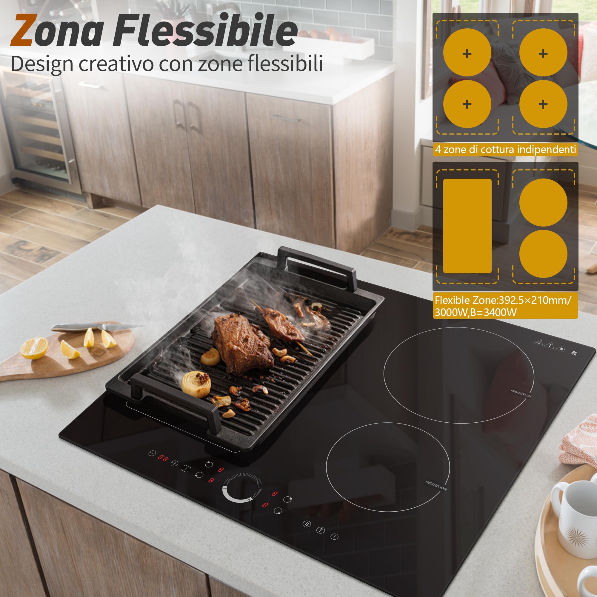 Karinear Piano Cottura a Induzione 4 Fuochi, 7200W Piano Cottura Elettrico Incasso Doppia Zona Flexi di Toccare, 60cm Premium Piastra a Induzione Cablaggio, Timer, Booster, Blocco di Sicurezza - 3
