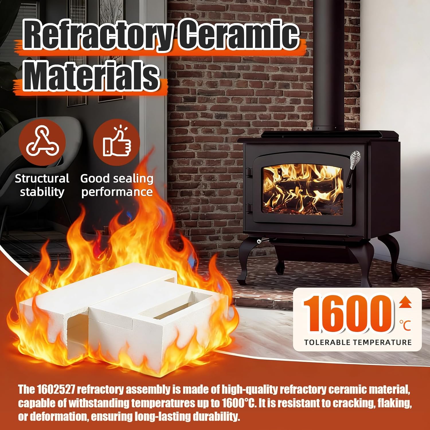 1602527 Refractory Assembly - Exact Replacement for Vermont Castings Wood Stoves Intrepid II 1303, 1308, 1990, 2070 & Small Winterwarm 2080, 2082, 2084