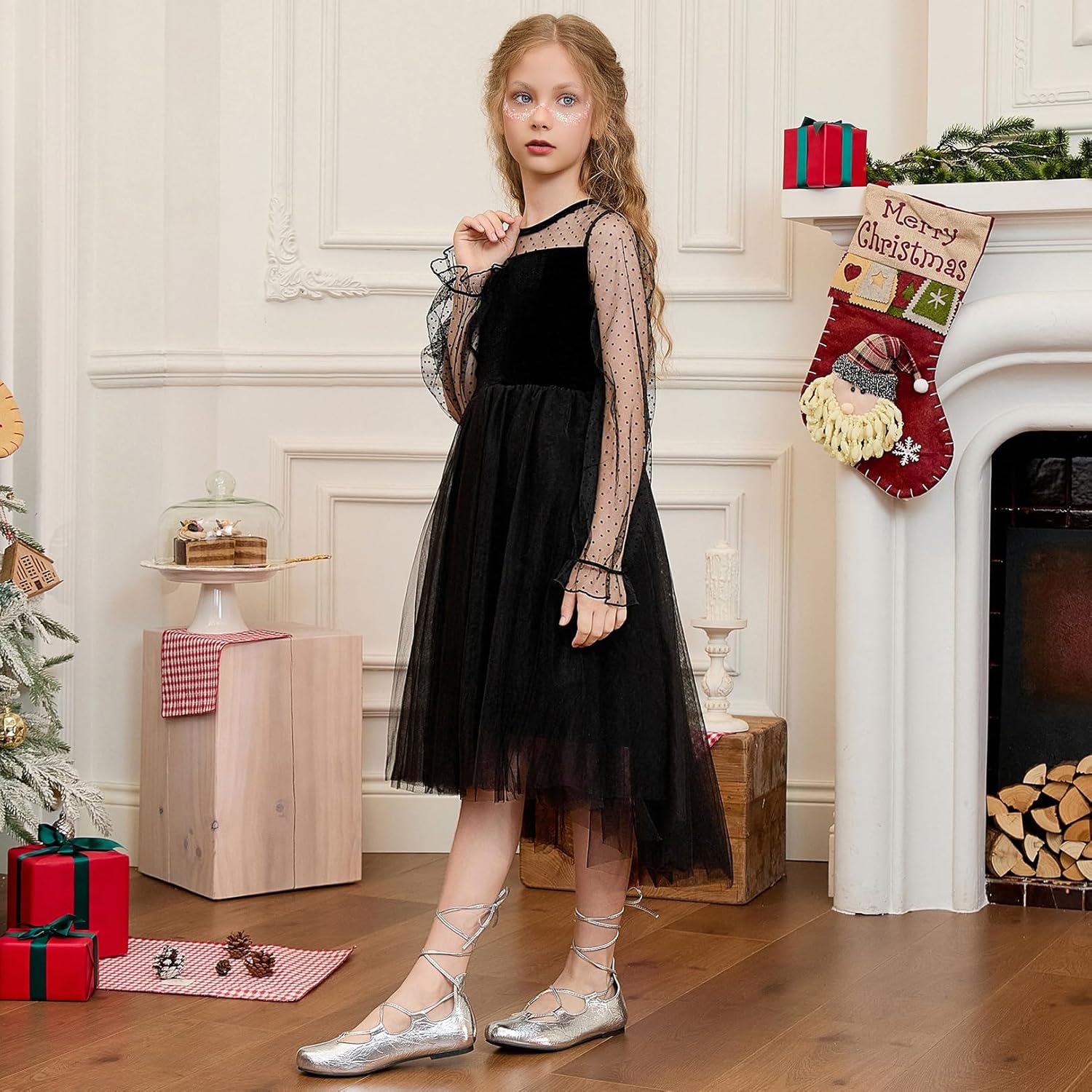 CHILDRENSTAR Girls Mesh Contrast Long Sleeve Velvet Dress Trendy High Low Party Dresses Black 10-11 Years image 2 of 5 B0FJDTCB6P