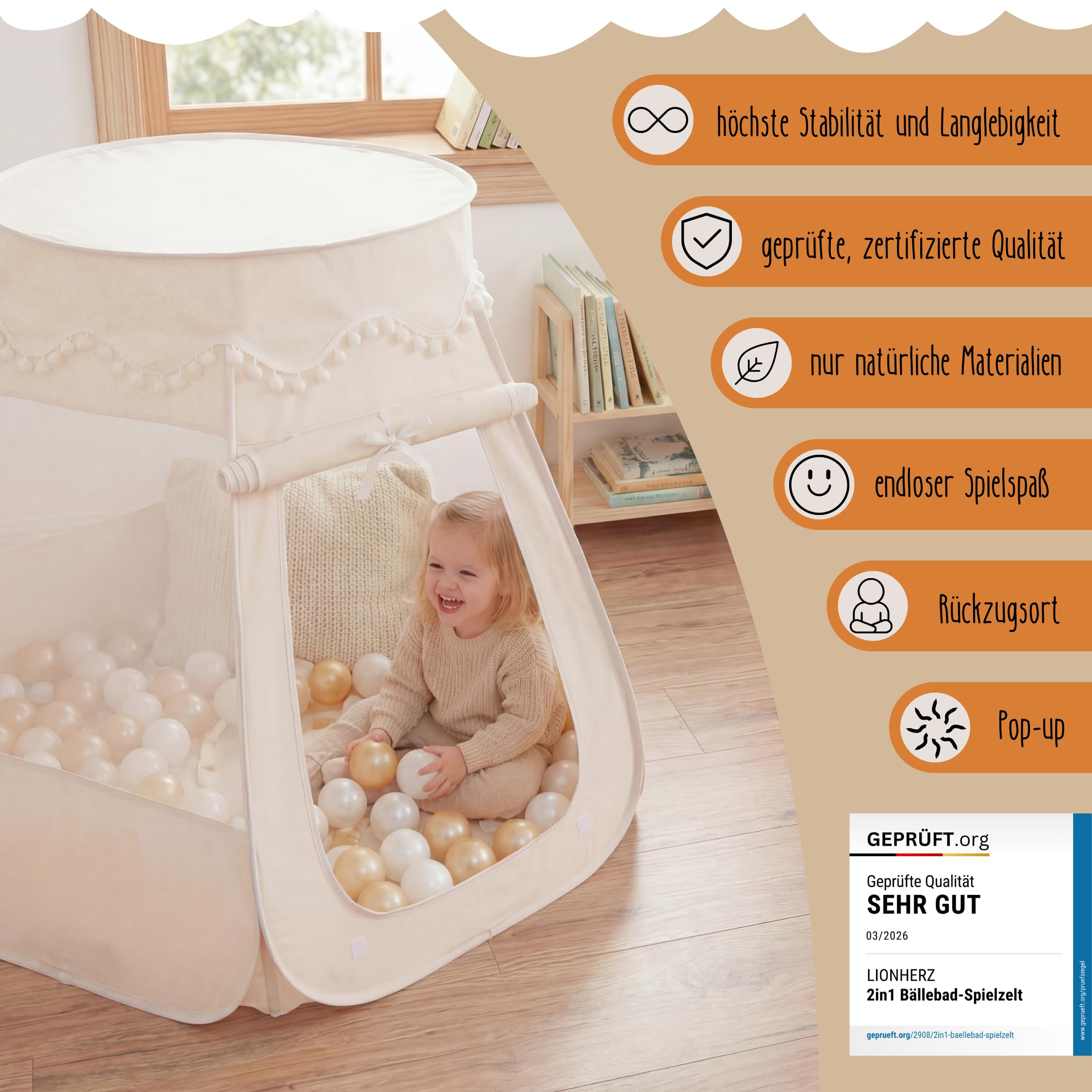 LIONHERZ® DAS ORIGINAL 2in1 Bällebad-Spielzelt für Kinder aus Baumwolle/Hanf [115x93cm] Pop-up Kinderzelt [faltbar & atmungsaktiv] Baby Ballzelt & Spielhaus Indoor | Jungen & Mädchen (Cremeweiß)