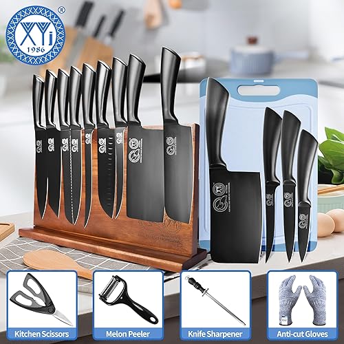 Miniatura 6 de XYJ Juego de cuchillos profesionales para maestros chefs, carnicero de carnicero para acampar, juego de cuchillos de chef con bloque magnético de