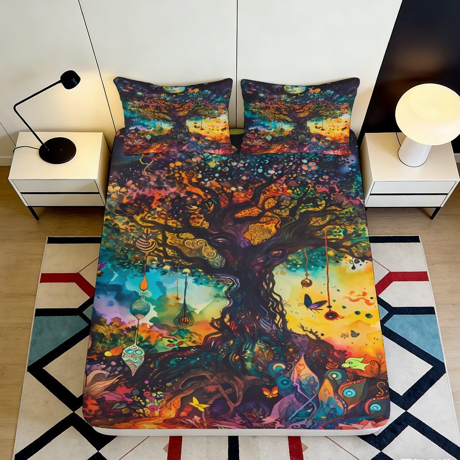 3D Printed Autumn Fantasy Tree Fitted Sheet Microfiber Vibrant Forest Mattress Cover for Bedroom Dorm Decor 90x200x25cm