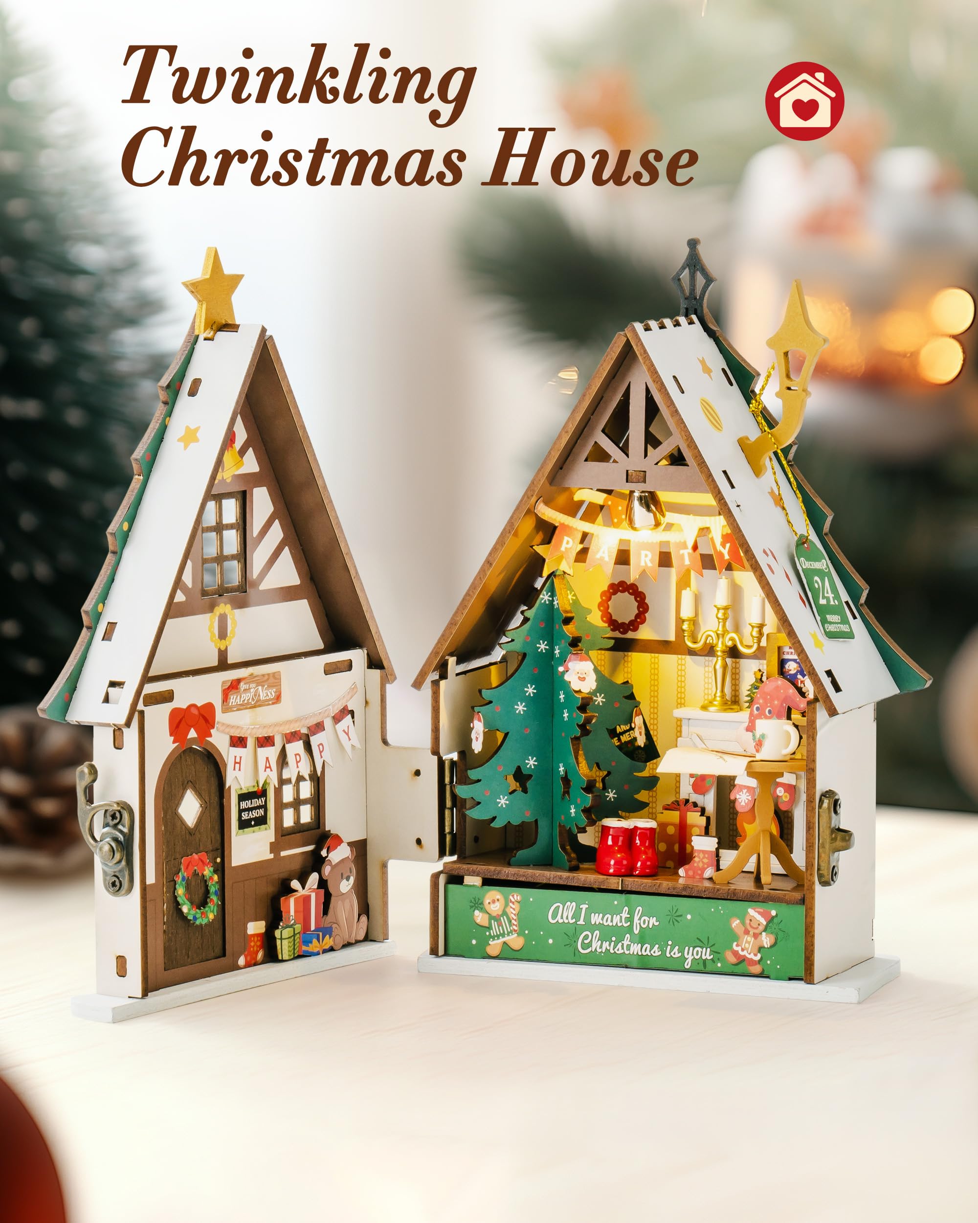 Rowood Miniature House Kit Christmas,Miniature Dollhouse Kits for Adults,Mini House Toy Building Kit,Craft Kits for Women Girls on Christmas-Twinkling Christmas House