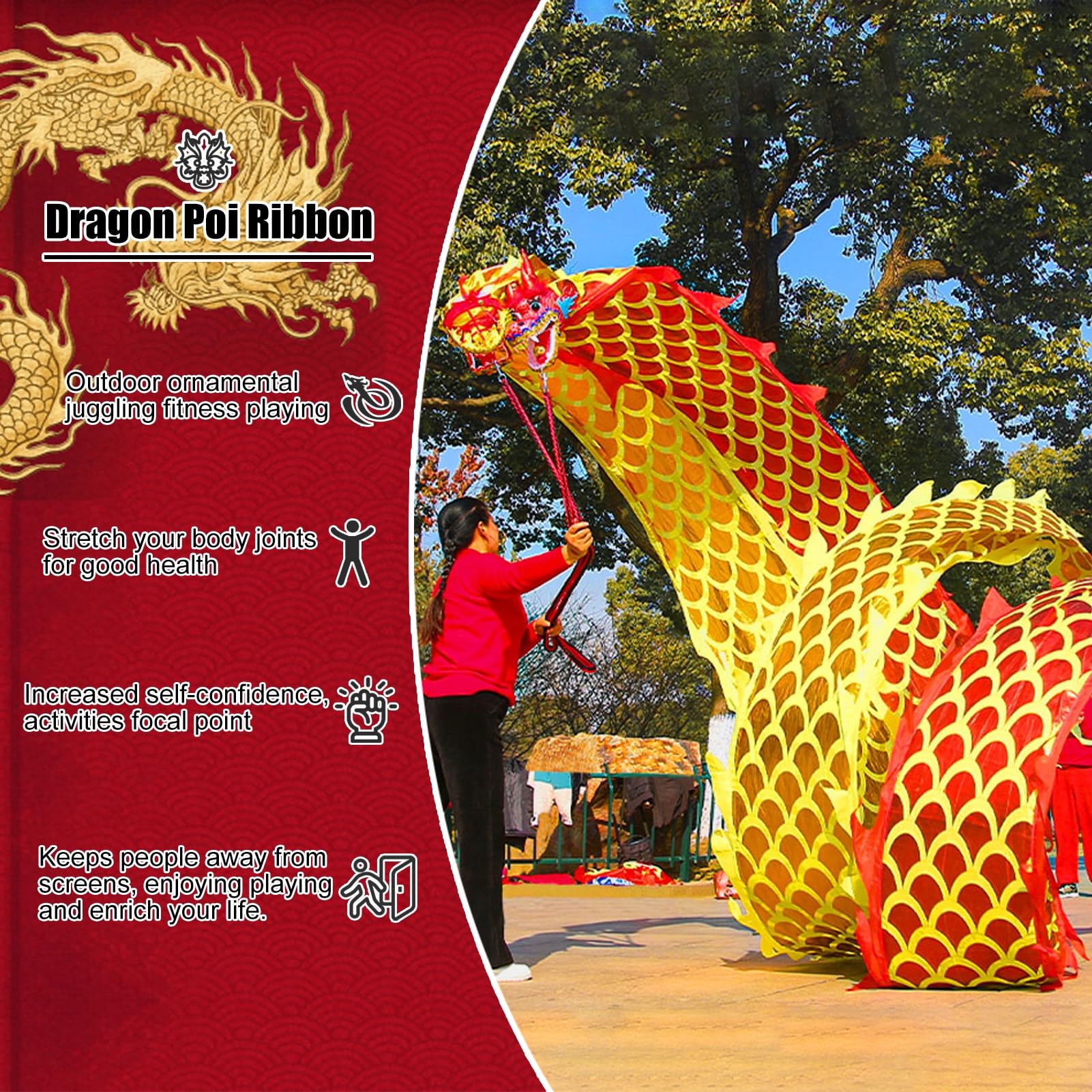 Cerf Volant Ruban de Danse Dragon Poi avec Écailles et Tête, Jetant une Banderole de Dragon Jonglant en Plein Air, Poi Dragon en Soie Fluide pour Parc/ Cour/ Plage ( Color : Red , Size : 8 m (26 ft) )