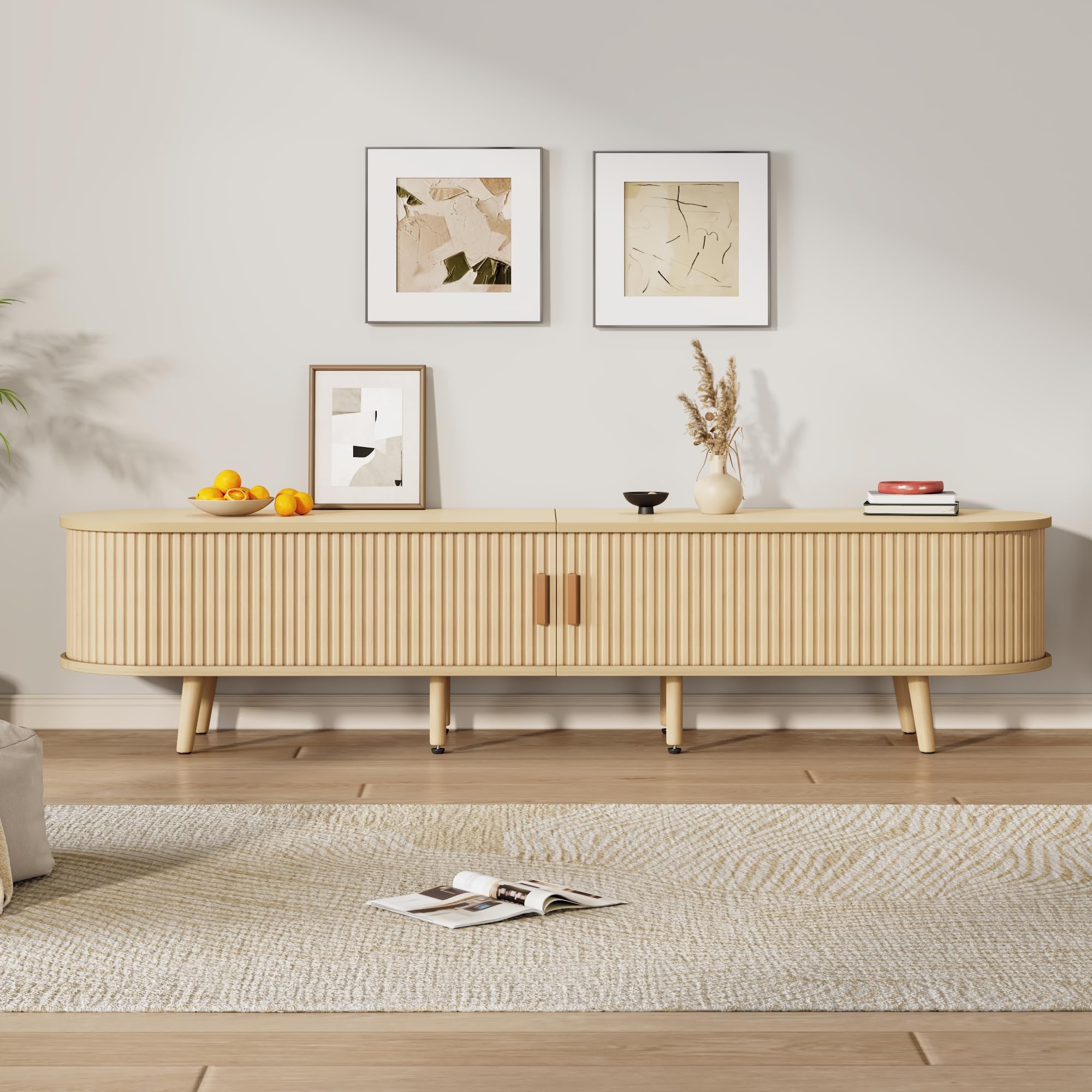 Mueble para TV de salón con espacio de almacenamiento + tablero de fibra de densidad media redonda de grano de madera, 2 cajones, capacidad de carga 30 kg, tamaño 175 x 40 x 42 cm