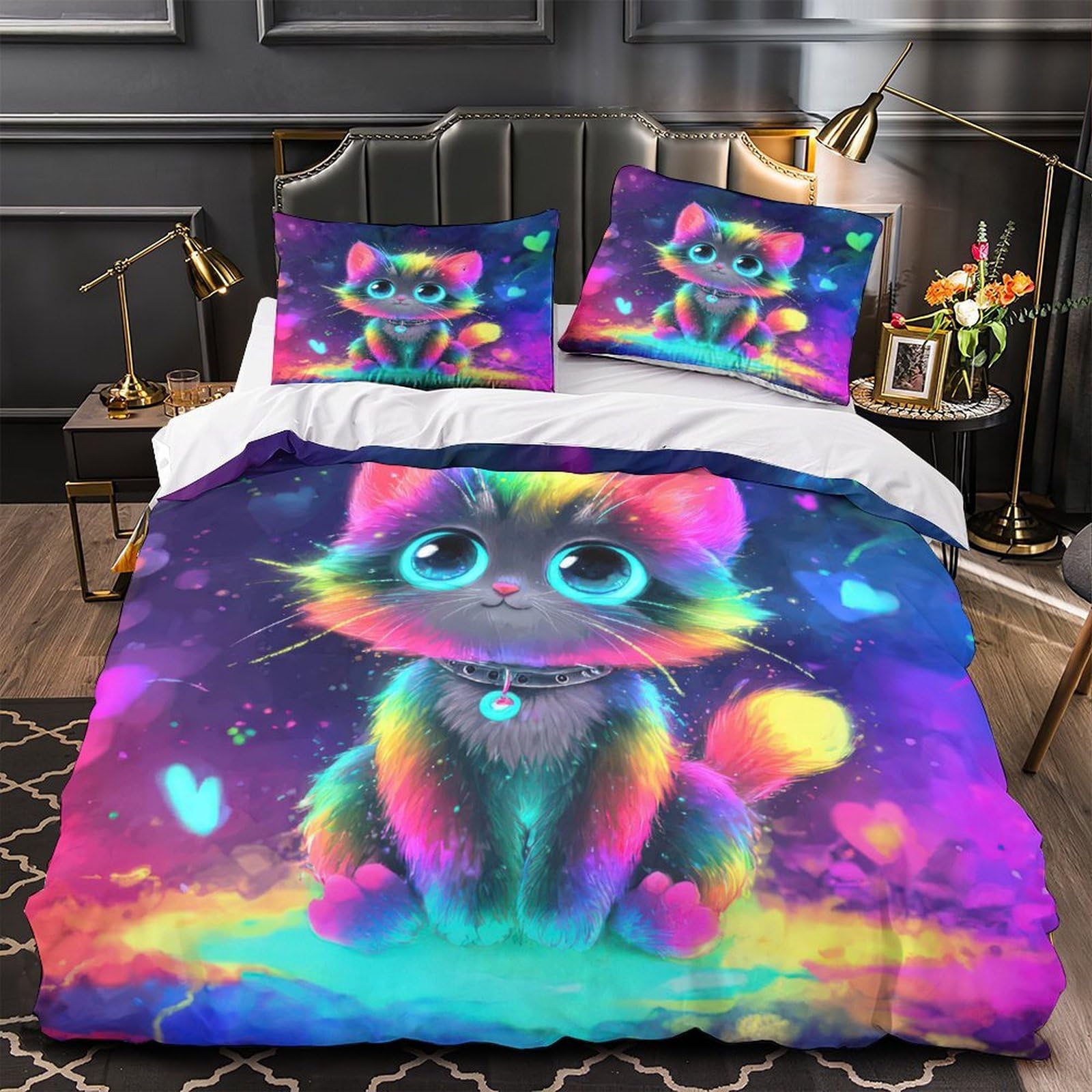 Rainbow Kitten Set Di Copripiumino 3 Pezzi stampa 3D microfibra ultra morbido con cerniera Fantasia Set Di Copripiumino con federa per cuscini soffice for coppie King（220x240cm）