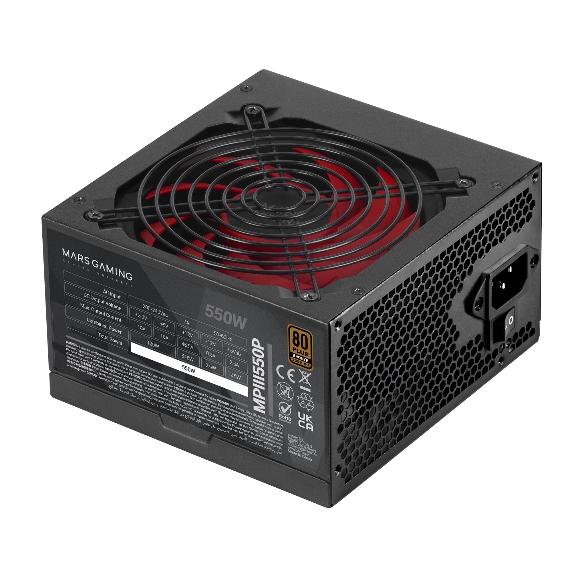 Mars Gaming MPIII550P Alimentation ATX 550W, 80 Plus Bronze, Noire | Garantie 5 Ans, Certification 80Plus Bronze, Efficacité 86 %, APFC, Ventilateur FDB 120mm AI-RPM, DC-DC et SMD